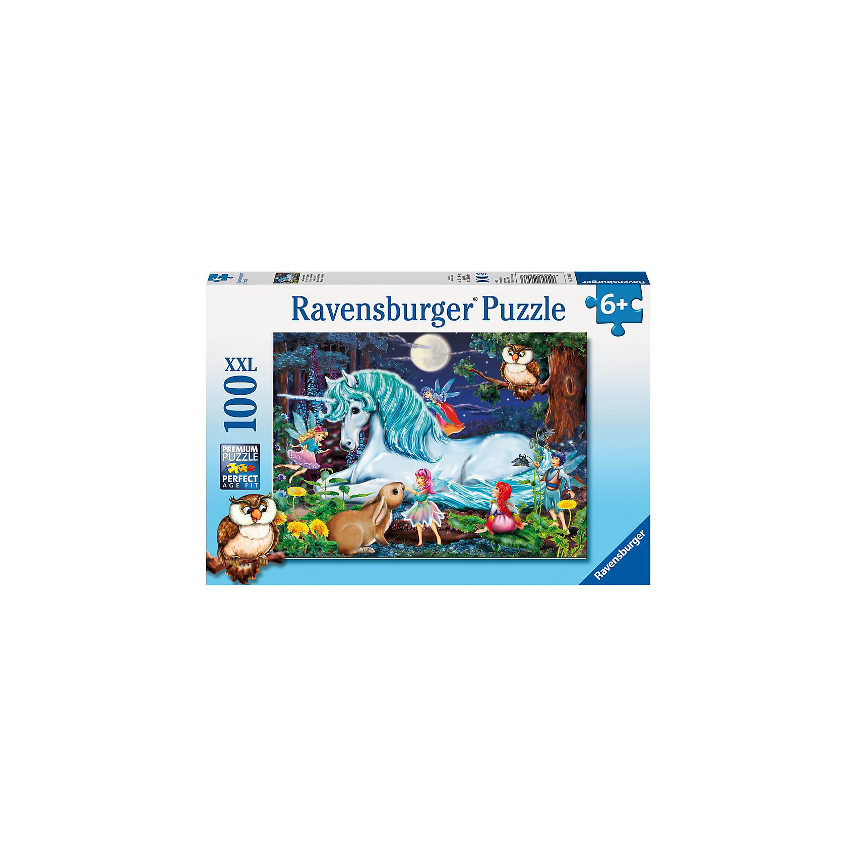 Пазл «Зачарованный лес» XXL 100 деталей, Ravensburger Пазл «Зачарованный лес» XXL 100 деталей, RavensburgerКлассические пазлы<br>Яркий интересный Пазл «Зачарованный лес» XXL 100 деталей, Ravensburger (Равенсбургер) по мотивам диснеевских сказок привлечет внимание любого ребенка и не позволит скучать за сборкой! Пазл основан на картине зачарованного леса и животных, обитающих в нем. Центральное место занимает волшебный единорог с блестящей бирюзовой гривой в окружении эльфов. Вокруг них летают феи, юбочки которых сделаны из бутонов ярких цветов. А филин на дубе наблюдает за волшебными созданиями. <br><br>Характеристики:<br>-Элементы идеально соединяются друг с другом, не отслаиваются с течением времени<br>-Высочайшее качество картона и полиграфии <br>-Матовая поверхность исключает отблески<br>-Развивает: память, мышление, внимательность, усидчивость, мелкая моторика, восприятие форм и цветов<br>-Занимательное времяпрепровождение для всей семьи<br>-Для сохранения в собранном виде можно использовать скотч или специальный клей для пазлов (в комплект не входит)<br><br>Дополнительная информация:<br>-Материал: плотный картон, бумага<br>-Размер собранного пазла: 49х36 см<br>-Размер упаковки: 34х23х4 см<br>-Вес упаковки: 500 г<br><br>Порадуйте своего ребенка таким отличным и полезным подарком, как Пазл «Зачарованный лес»! <br><br>Пазл «Зачарованный лес» XXL 100 деталей, Ravensburger (Равенсбургер) можно купить в нашем магазине.<br><br>Ширина мм: 338<br>Глубина мм: 236<br>Высота мм: 38<br>Вес г: 500<br>Возраст от месяцев: 72<br>Возраст до месяцев: 96<br>Пол: Унисекс<br>Возраст: Детский<br>Количество деталей: 100<br>SKU: 1442451