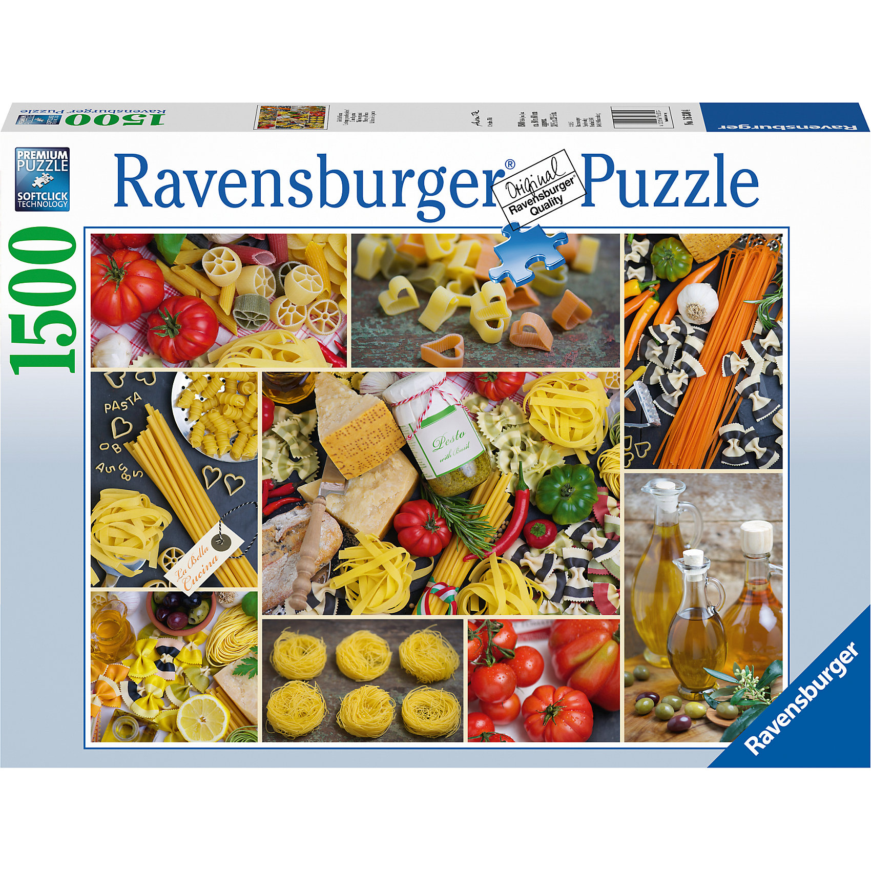 Пазл Паста , 1500 деталей, Ravensburger Пазл Паста , 1500 деталей, RavensburgerКлассические пазлы<br>Для любителей итальянской кухни пазл Паста придется по душе, он состоит из 1500 элементов. На картине можно увидеть изображение разных видов макаронных изделий, красных и зеленых помидор, оливкового масла в стеклянных кувшинчиках и разных специй. Элементы пазла выполнены из качественного картона, каждая деталь обладает своей определенной формой и подходит только на свое место. Такую картину будет интересно собирать, ведь все детали очень красочные, не однотонные. Сборка пазла способствует развитию памяти, усидчивости, наблюдательности, образного мышления и цветового восприятия. <br><br>В товар входит:<br>-1500 деталей<br><br>Дополнительная информация:<br>-Размер картинки 80*60 см <br>-Возраст: от 12 лет<br>-Для девочек и мальчиков<br>-Состав: картон, бумага<br>-Бренд: Ravensburger (Равенсбургер)<br>-Страна обладатель бренда: Германия<br><br>Ширина мм: 370<br>Глубина мм: 55<br>Высота мм: 270<br>Вес г: 1126<br>Возраст от месяцев: 144<br>Возраст до месяцев: 1164<br>Пол: Унисекс<br>Возраст: Детский<br>SKU: 1442528