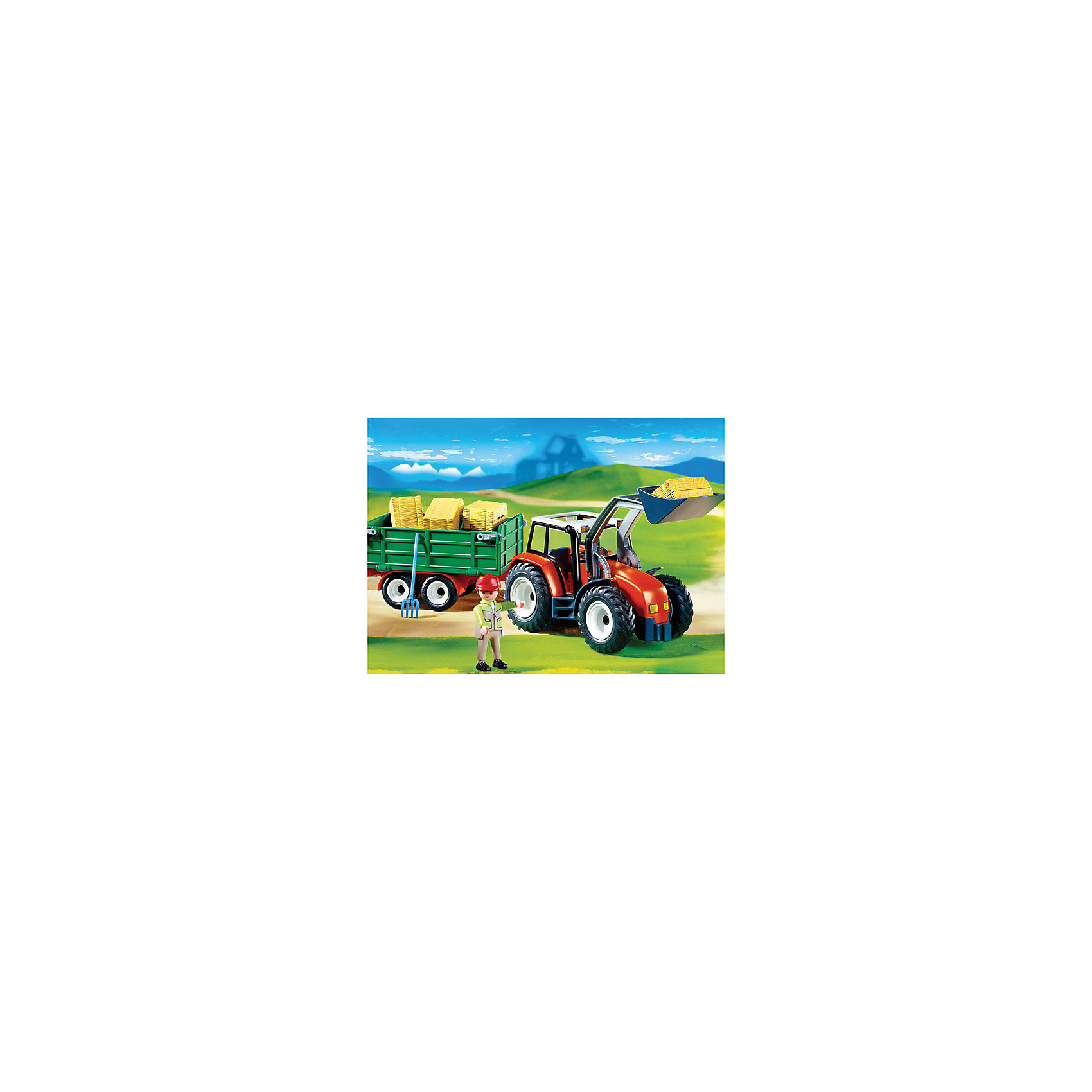 PLAYMOBIL® 4496 Трактор с прицепом PLAYMOBIL® 4496 Трактор с прицепомВне категории - РМА<br>Игровой набор из серии PLAYMOBIL Большой трактор с прицепом (Плеймобил № 4497) (PLAYMOBIL № 4496), на тему Крестьянская усадьба, обеспечит вам сбор богатого урожая. <br><br>И вот снова настала горячая пора. Начинается сбор урожая! Крестьянин сжал зерно и связал колосья после молотьбы в большие снопы. При помощи большого трактора с прицепа он может теперь забрать их.<br><br>Характеристики:<br><br>- 1 игровая фигура<br>- прицеп можно отцепить от трактора<br>- подвижная лопасть трактора<br>- опрокидывающийся загрузочный лоток и его боковые стенки<br>- при помощи вил снопы можно действительно нанизывать<br><br>Детали:<br><br>- № PLAYMOBIL: 4496<br>- Возраст: от 4 до 12 лет<br><br>Ширина мм: 100<br>Глубина мм: 350<br>Высота мм: 250<br>Вес г: 950<br>Возраст от месяцев: 48<br>Возраст до месяцев: 144<br>Пол: Мужской<br>Возраст: Детский<br>SKU: 1455953