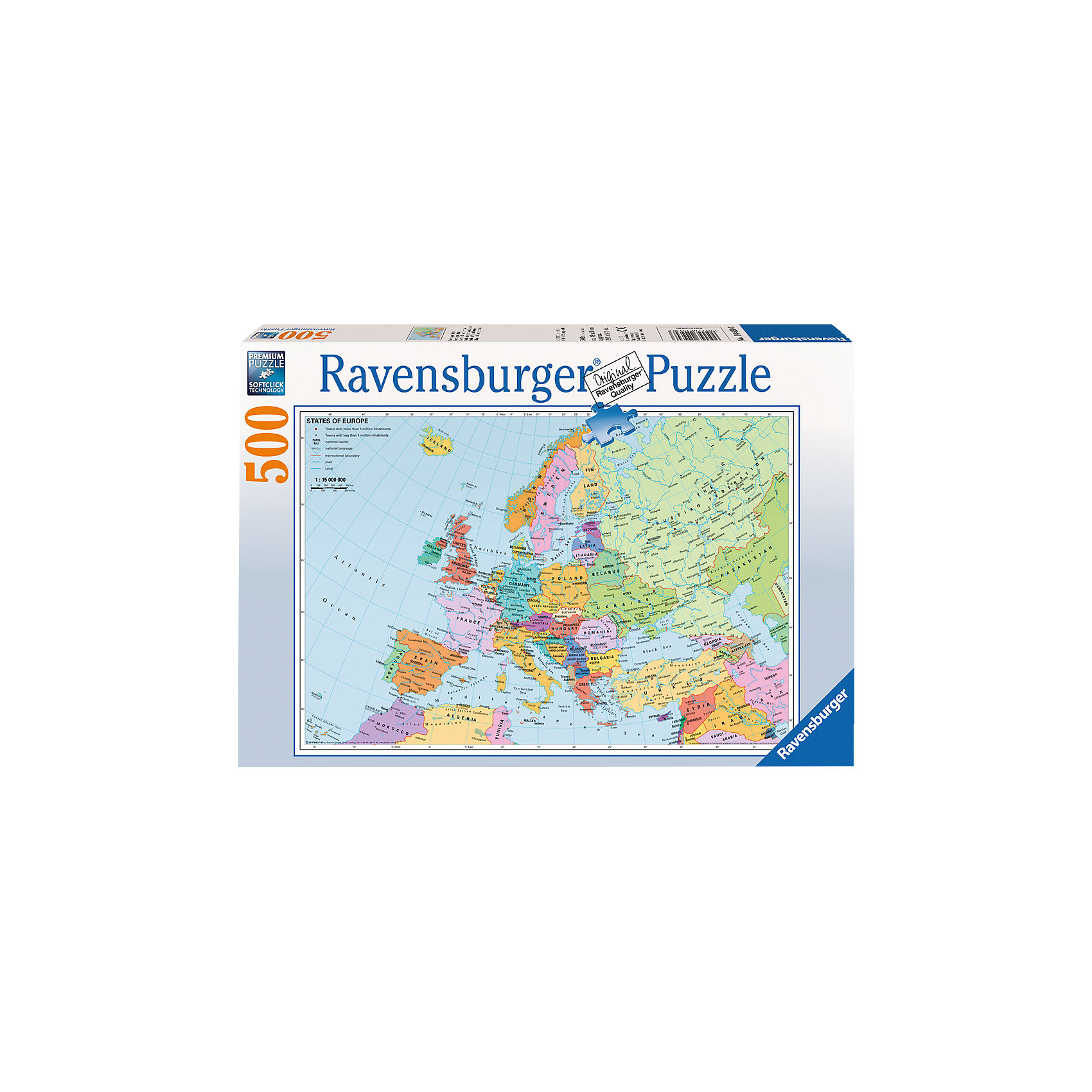 Пазл «Политическая карта Европы» 500 деталей, Ravensburger Пазл «Политическая карта Европы» 500 деталей, RavensburgerКлассические пазлы<br>Пазл «Политическая карта Европы» 500 деталей, Ravensburger (Равенсбургер) – это великолепный подарок, как для ребенка, так и для взрослого.<br>Пазл Политическая карта Европы - обучающий пазл для школьников. При сборке пазла ваш ребенок сможет выучить все страны Европы. Каждая страна имеет свой цвет. Ребенок сможет не только изучить карту, но и насладиться сборкой качественного пазла от Ravensburger. Собирая картинку, ребенок развивает логическое мышление, воображение, мелкую моторику и умение принимать самостоятельные решения. Пазлы Ravensburger неповторимы и уникальны тем, что для их изготовления используется картон наивысшего класса, благодаря которому сложенные головоломки не сгибаются, сам картон не отделяется от картинки, а сложенная картинка представляется абсолютно плоской и не деформируется даже спустя время. Прочные детали не ломаются. Каждая деталь имеет свою форму и подходит только на своё место. Матовая поверхность исключает неприятные отблески. Изготовлено из экологического сырья.<br><br>Дополнительная информация:<br><br>- Количество деталей: 500<br>- Размер картинки: 36 х 49 см.<br>- Материал: картон<br>- Размер коробки: 34 x 4 х 23 см.<br><br>Пазл «Политическая карта Европы» 500 деталей, Ravensburger (Равенсбургер) можно купить в нашем интернет-магазине.<br><br>Ширина мм: 341<br>Глубина мм: 233<br>Высота мм: 41<br>Вес г: 516<br>Возраст от месяцев: 144<br>Возраст до месяцев: 228<br>Пол: Унисекс<br>Возраст: Детский<br>Количество деталей: 500<br>SKU: 1457422
