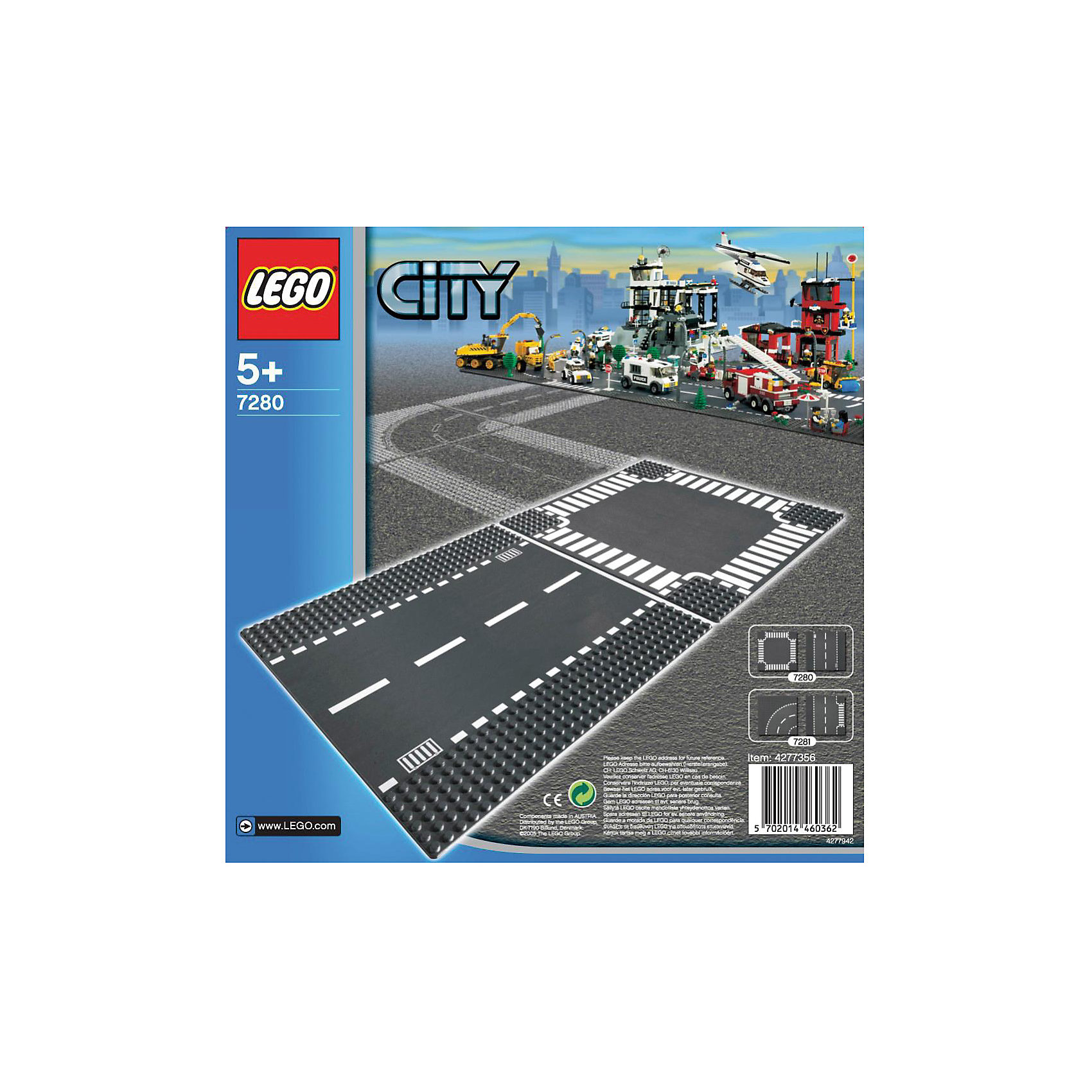 LEGO City 7280: Прямая дорога и перекрёсток LEGO City 7280: Прямая дорога и перекрёстокПластмассовые конструкторы<br>LEGO City (ЛЕГО Сити) 7280: Прямая дорога и перекрёсток - увлекательный набор для конструирования, который порадует всех юных автолюбителей. В комплект входят две<br>пластины, изображающие участок прямой дороги и перекресток. Комбинируя данный набор с другими наборами ЛЕГО можно построить большую сложную трассу для своего<br>города, где будут и настоящее шоссе для автомобилей, и специальная секция с «зеброй» для пешеходов. Платформы также обладают специальным рельефом и обеспечивают<br>прочное сцепление с кубиками.<br><br>Дополнительная информация:<br><br>- Количество деталей: 2.<br>- Серия: ЛЕГО Сити.<br>- Материал: пластик.<br>- Размер упаковки: 25,6 х 7 х 25,6 см.<br>- Вес: 0,21 кг. <br><br>Игра с конструктором развивает мелкую моторику, фантазию и воображение ребенка, учит его усидчивости и внимательности.<br><br>LEGO City (ЛЕГО Сити) 7280: Прямая дорога и перекрёсток можно купить в нашем интернет-магазине.<br><br>Ширина мм: 264<br>Глубина мм: 261<br>Высота мм: 12<br>Вес г: 189<br>Возраст от месяцев: 60<br>Возраст до месяцев: 144<br>Пол: Мужской<br>Возраст: Детский<br>SKU: 1462463
