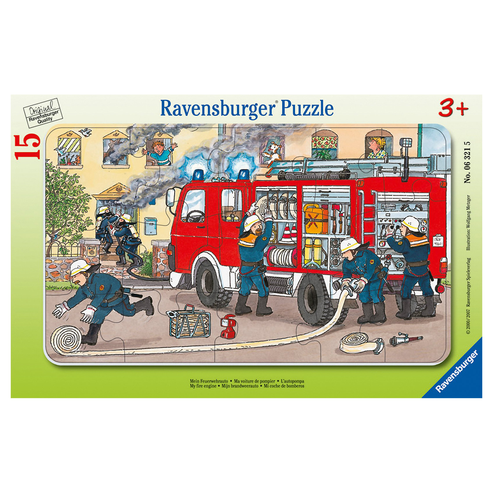 Пазл с рамкой Моя пожарная машина Ravensburger, 15 деталей Пазл с рамкой Моя пожарная машина Ravensburger, 15 деталейПазлы для малышей<br>Храбрые пожарные спешат жильцам дома на помощь! Медлить нельзя ни минуты! Увлекательный сюжет пазла Моя пожарная машина от Ravensburger непременно заинтересует Вашего мальчика.<br><br>Помимо деталей пазла, в комплект входит специальная рамка с контурами элементов, которая облегчает сбор картинки. Благодаря небольшому количеству деталей маленькие пазломаны смогут быстро добиться успеха.<br><br>Собирая картинки с рамкой, ребенок учится соотносить форму фигурки и отверстие вкладыша, что значительно обогащает его знания о пространственном соотношении, о взаимосвязи фигуры и ее контура. В это время активно разрабатывается мелкая моторика пальцев и рук. Малыш также познает связь между частью и целым, развивает логическое мышление и память.<br><br>Детали пазла выполнены из плотного картона, который не гнется и не расслаивается при сборке. Вас и Вашего малыша также порадуют яркие цвета и отличное качество полиграфии.<br><br>Красочные пазлы от Ravensburger - веселый и полезный досуг для Ваших детей!<br><br><br>Дополнительная информация:<br><br>- В наборе: пазл + рамка<br>- Количество элементов: 15 шт.<br>- Размер пазла в собранном виде: 25 х 14,5 см<br><br>Ширина мм: 297<br>Глубина мм: 190<br>Высота мм: 5<br>Вес г: 159<br>Возраст от месяцев: 36<br>Возраст до месяцев: 60<br>Пол: Мужской<br>Возраст: Детский<br>Количество деталей: 15<br>SKU: 1634561