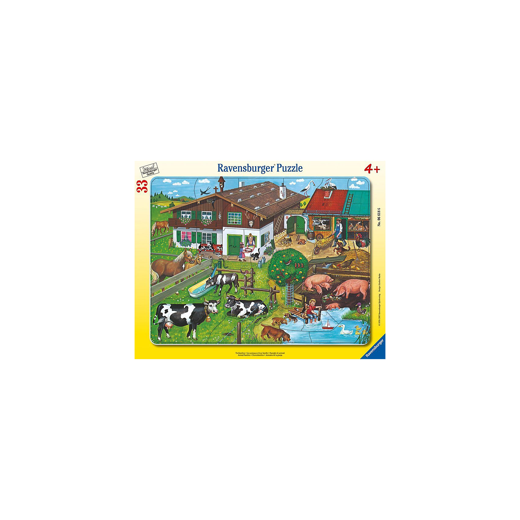 Пазл «Животные на ферме», 33 детали, Ravensburger Пазл «Животные на ферме», 33 детали, RavensburgerПазлы для малышей<br>Пазл животные на ферме способствует развитию памяти, моторики рук, усидчивости и сообразительности ребёнка. Воссоздавая картинку, малыш легко запомнит и животных, изображенных на ней. Собирать пазл будет легко, ведь все детали изготовлены из прочного материала, который не будет расклеиваться при использовании. Также изделие безопасно для ребёнка, так как изготовлено из экологического сырья. Ваш ребёнок будет рад такому полезному и интересному подарку!<br>В товар входит:<br>-33 деталей<br><br>Дополнительная информация<br>-Размер картинки – 32,5*24,5 см <br>-Размер упаковки – 38*30 см<br>-Возраст: от 3 лет<br>-Для мальчиков и девочек<br>-Состав: картон, бумага<br>-Бренд: Ravensburger (Равенсбургер)<br>-Страна обладатель бренда: Германия<br><br>Ширина мм: 376<br>Глубина мм: 288<br>Высота мм: 7<br>Вес г: 294<br>Возраст от месяцев: 48<br>Возраст до месяцев: 72<br>Пол: Унисекс<br>Возраст: Детский<br>Количество деталей: 33<br>SKU: 1634570