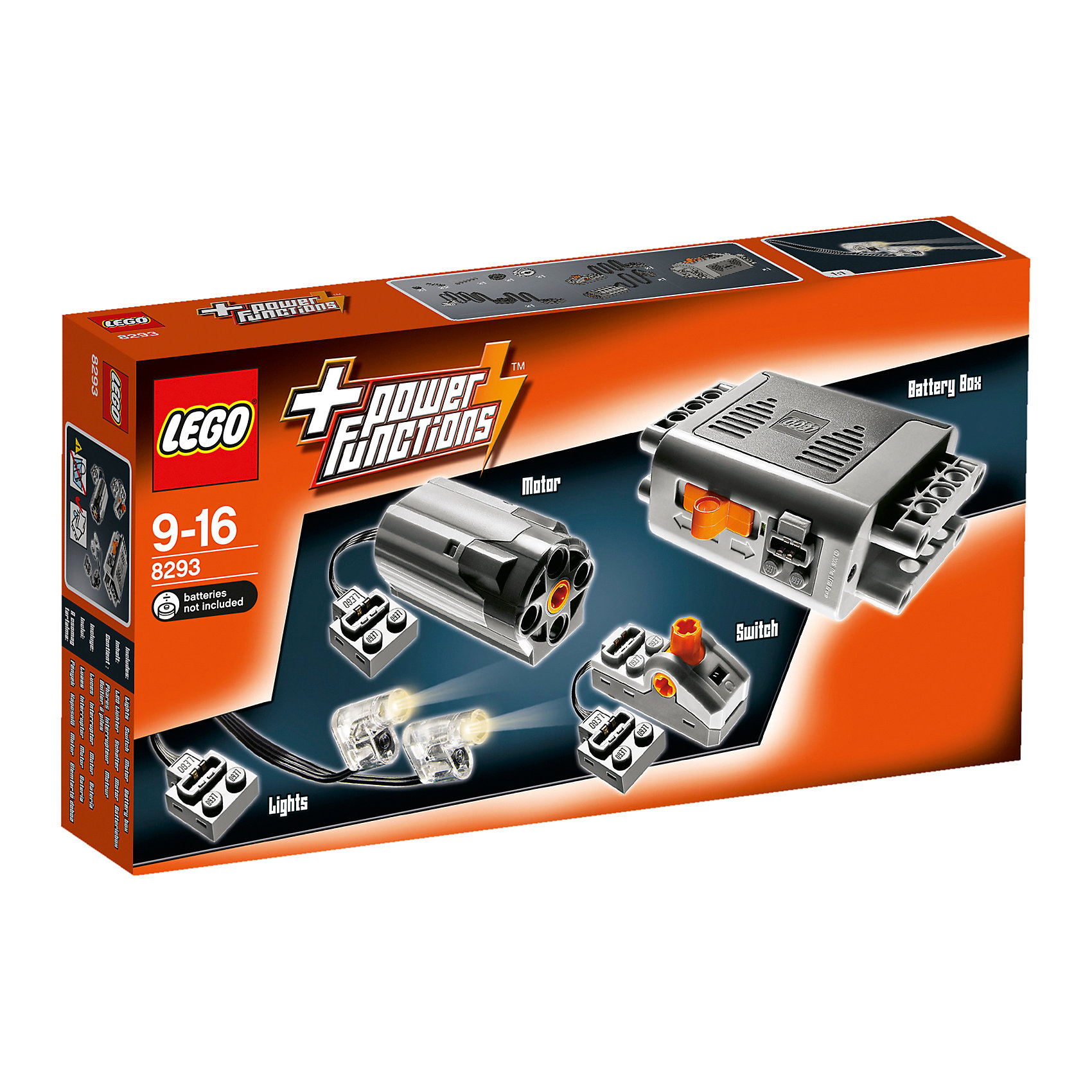 LEGO Technic 8293: Мотор Power Functions LEGO Technic 8293: Мотор Power FunctionsХарактеристики:<br><br>• Предназначение: набор для конструирования <br>• Пол: для мальчика<br>• Материал: пластик<br>• Цвет: серый, оранжевый, белый<br>• Серия LEGO: Technic<br>• Размер упаковки (Д*Ш*В): 4,8*14,1*26,2 см<br>• Вес: 190 г<br>• Количество деталей: 10 шт.<br>• Комплектация: двигатель, аккумулятор, выключатель с рычагом, шнуры, шестеренки, лампочки, карданный вал; инструкция <br>• Батарейки: 6 шт. типа АА (в комплект не входят)<br><br><br>LEGO Technic 8293: Мотор Power Functions набор от всемирно известного производителя конструкторов для детей всех возрастных категорий. LEGO Technic 8293: Мотор Power Functions является набором, который расширяет возможности конструкторов серии Technic. Элементы набора позволяют оснастить модели движущимися элементами или обеспечить полностью работающую модель транспортного средства. Для этого в наборе предусмотрены электромеханические элементы: двигатель, аккумулятор, выключатель с рычагом, шнуры, шестеренки, лампочки, карданный вал. <br>Игры с конструкторами LEGO развивают усидчивость, внимательность, мелкую моторику рук, способствуют формированию инженерного мышления. С набором LEGO Technic 8293: Мотор Power Functions ваш ребенок в игровой форме сможет освоить базовые знания в области механики и электроники. <br><br>LEGO Technic 8293: Мотор Power Functions можно купить в нашем интернет-магазине.<br><br>Ширина мм: 268<br>Глубина мм: 142<br>Высота мм: 50<br>Вес г: 189<br>Возраст от месяцев: 108<br>Возраст до месяцев: 192<br>Пол: Мужской<br>Возраст: Детский<br>SKU: 1678169