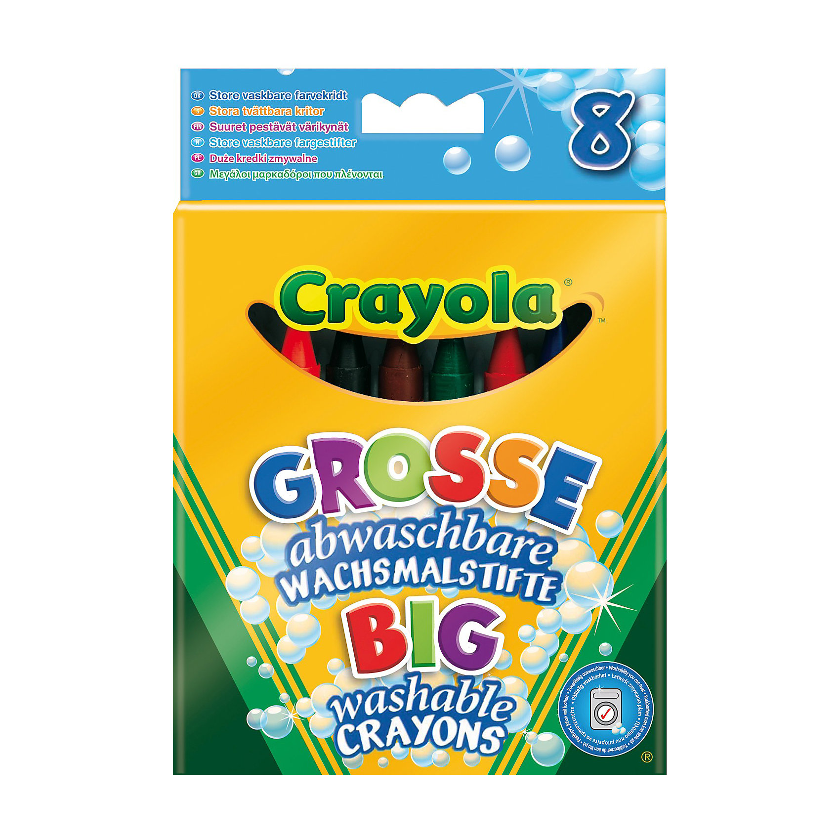 8 больших смываемых восковых мелков, Crayola 8 больших смываемых восковых мелков, CrayolaВосковые и масляные мелки<br>8 больших смываемых восковых мелков, Crayola.<br><br>С тем, что занятие творчеством чрезвычайно полезно для малышей, вряд ли кто-то будет спорить. К тому же все детки очень любят рисовать, лепить, раскрашивать. Однако мамам прекрасно известно, как нелегко бывает отмыть юного художника после этих занятий. Очень часто детки увлекаются рисованием настолько, что и одежда, и руки, и лицо, а часто еще и мебель, оказываются перепачканными. <br>Однако, если вы будете использовать для занятий продукцию компании Crayola, то подобные побочные продукты творческого процесса вам не страшны. Crayola позаботилась не только о малышах, но и об их мамах! Карандаши, фломастеры и краски этой торговой марки легко смываются. <br>Если вашему ребенку уже исполнилось два года, мы можем посоветовать приобрести для него набор из 8 больших смываемых восковых мелков. Каждый такой мелок завернут в отдельную бумажную упаковку, поэтому во время рисования руки ребенка останутся чистыми. Но если все-таки следы мела попадут на одежду или другие предметы, от них можно будет легко избавиться с помощью теплой воды и мыла. Большие мелки, которые так удобно ложатся в маленькую ручку, прекрасно рисуют и не требуют сильного нажима. Вскоре ваш малыш порадует вас своими первыми яркими рисунками. Размер упаковки составляет 17 х 26,5 х 3,5 см.<br><br>Станет прекрасным подарком любому малышу!<br>Можно легко приобрести в нашем интернет магазине<br><br>Ширина мм: 176<br>Глубина мм: 123<br>Высота мм: 21<br>Вес г: 105<br>Возраст от месяцев: 36<br>Возраст до месяцев: 96<br>Пол: Унисекс<br>Возраст: Детский<br>SKU: 1755126
