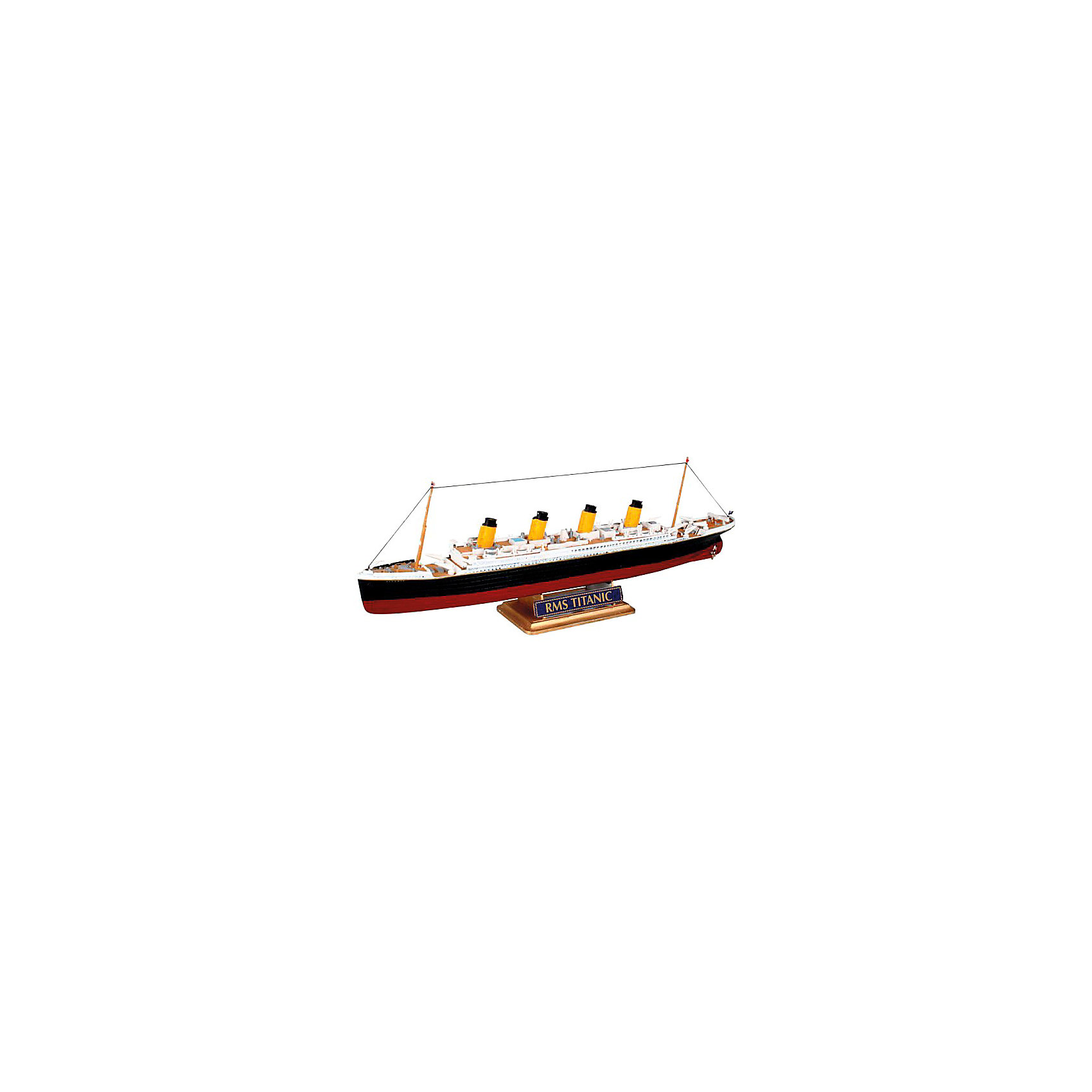 Пароход R.M.S. Titanic, Revell Пароход R.M.S. Titanic, RevellКорабли и лодки<br>Характеристики товара:<br><br>• возраст от 10 лет;<br>• материал: пластик;<br>• в комплекте: 40 деталей;<br>• длина собранной модели 22,3 см;<br>• масштаб 1:1200;<br>• размер упаковки 25х13х3,2 см;<br>• вес упаковки 550 гр.;<br>• страна производитель: Польша.<br><br>Сборная модель «Пароход R.M.S. Titanic» Revell позволит собрать модель всемирно известного судна Титаник. Судьба Титаника известна многим. В 1912 году судно утонуло в Атлантическом океане, столкнувшись с айсбергом.<br><br>Детали легко соединяются между собой. Готовую модель для прочности следует склеить, а также раскрасить (клей и краски с комплект не входят). В процессе сборки у детей развиваются мышление, логика, усидчивость, внимательность.<br><br>Пароход R.M.S. Titanic Revell можно приобрести в нашем интернет-магазине.<br><br>Ширина мм: 256<br>Глубина мм: 132<br>Высота мм: 41<br>Вес г: 133<br>Возраст от месяцев: 168<br>Возраст до месяцев: 1188<br>Пол: Мужской<br>Возраст: Детский<br>SKU: 1772961