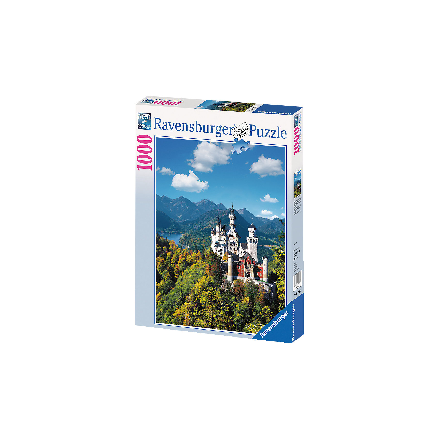 Пазл Замок Нойшванштайн Ravensburger, 1000 деталей Пазл Замок Нойшванштайн Ravensburger, 1000 деталейВеликолепный замок Нойшванштайн в юго-западной Баварии является одним из самых популярных туристических мест в Германии. Принято считать, что именно здесь у Чайковского родился замысел балета Лебединое озеро. Существуют также предположение, что Нойшванштайн явился источником вдохновения для строительства замка Спящей Красавицы в Парижском Диснейленде.<br><br>Немецкая компания Ravensburger предоставляет Вам отличную возможность собрать этот поражающий красотой замок, не выходя из дома. Любители собирать пазлы непременно будут довольны отличным качеством полиграфии, яркими цветами, а также идеальной стыковкой элементов. Первоклассная техника штамповки гарантирует, что каждая деталь идеально встанет на свое место, картинка будет прочно фиксироваться при сборке и не сломается, если ее случайно задеть.<br><br>Вы также можете приобрести в нашем интернет-магазине специальный клей для пазлов Puzzle-Conserver Permanent, который позволит зафиксировать собранную картинку.<br><br>Собирайте пазлы от Ravensburger и наслаждайтесь красивейшими уголками мира!<br><br>Количество элементов: 1000<br>Размер готовой картинки: 70 x 50 см<br><br>Ширина мм: 378<br>Глубина мм: 276<br>Высота мм: 58<br>Вес г: 886<br>Возраст от месяцев: 144<br>Возраст до месяцев: 228<br>Пол: Унисекс<br>Возраст: Детский<br>Количество деталей: 1000<br>SKU: 1824087