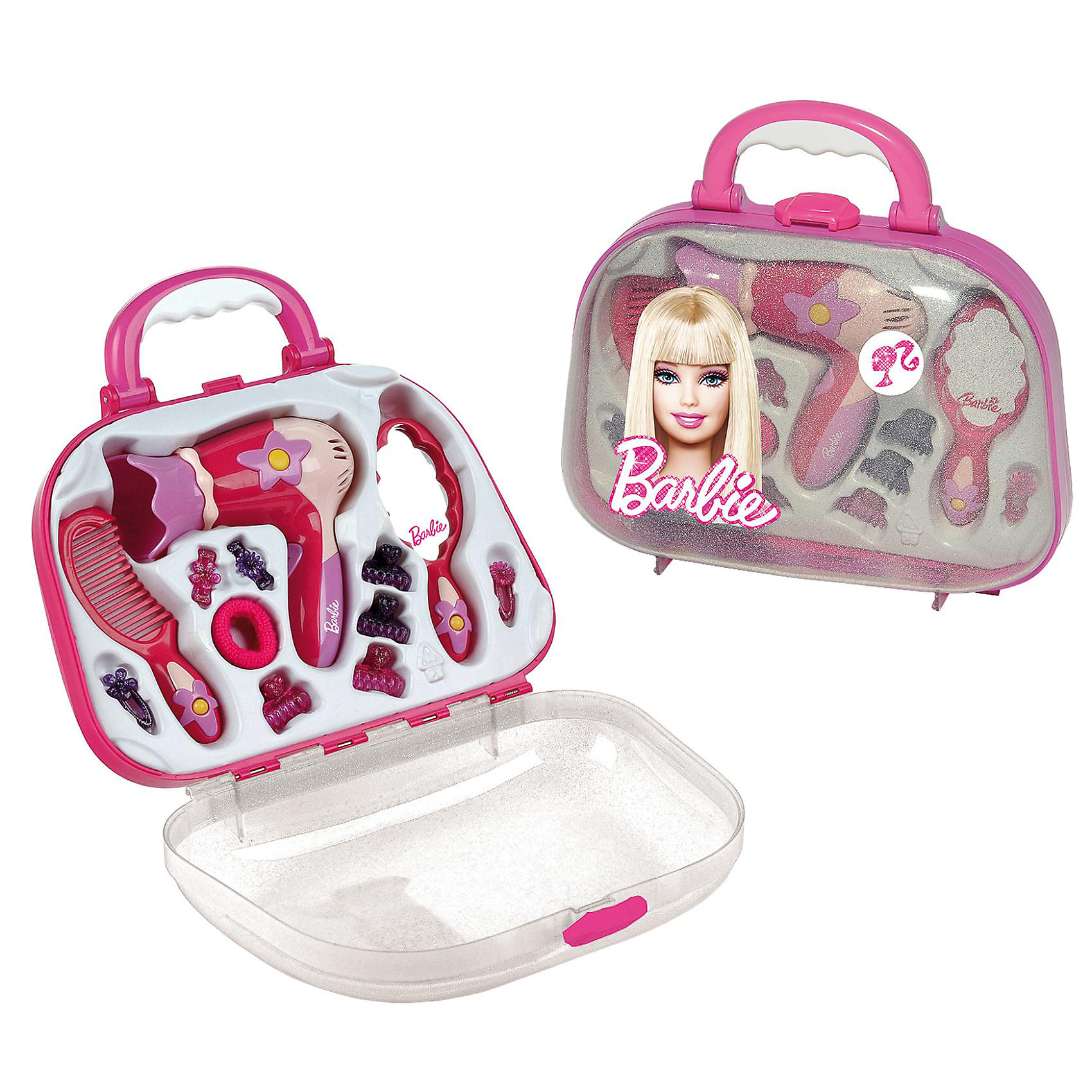 Набор парикмахера с феном Barbie, Klein Набор парикмахера с феном Barbie, KleinСюжетно-ролевые игры<br>Набор парикмахера от Кляйн (Klein) станет замечательным подарком для маленькой модницы. В наборе есть все необходимое для проявления творческой фантазии и создания новых необыкновенных причесок любимым куклам. Здесь Вы найдете фен, расческу, зеркало, различные заколочки и резиночки для волос. Фен имитирует работу настоящего взрослого фена: при включении из него идет струя воздуха и раздаются характерные звуки. Все инструменты упакованы в удобный чемоданчик с прозрачной передней частью и изображением куклы Барби, имеется ручка для транспортировки. Внутри для каждого инструмента есть свой отсек.<br><br>Дополнительная информация:<br><br>- В наборе: фен, расческа, зеркало, заколочки, резиночки для волос. <br>- Материал: пластик.<br>- Требуется батарейка: 1 х R6 (в комплект не входит).<br>- Размер упаковки: 27 x 28 x 10 см.<br>- Вес: 0,64 кг.<br><br>Набор парикмахера, Klein можно купить в нашем интернет-магазине.<br><br>Ширина мм: 275<br>Глубина мм: 250<br>Высота мм: 250<br>Вес г: 583<br>Возраст от месяцев: 36<br>Возраст до месяцев: 72<br>Пол: Женский<br>Возраст: Детский<br>SKU: 2041560