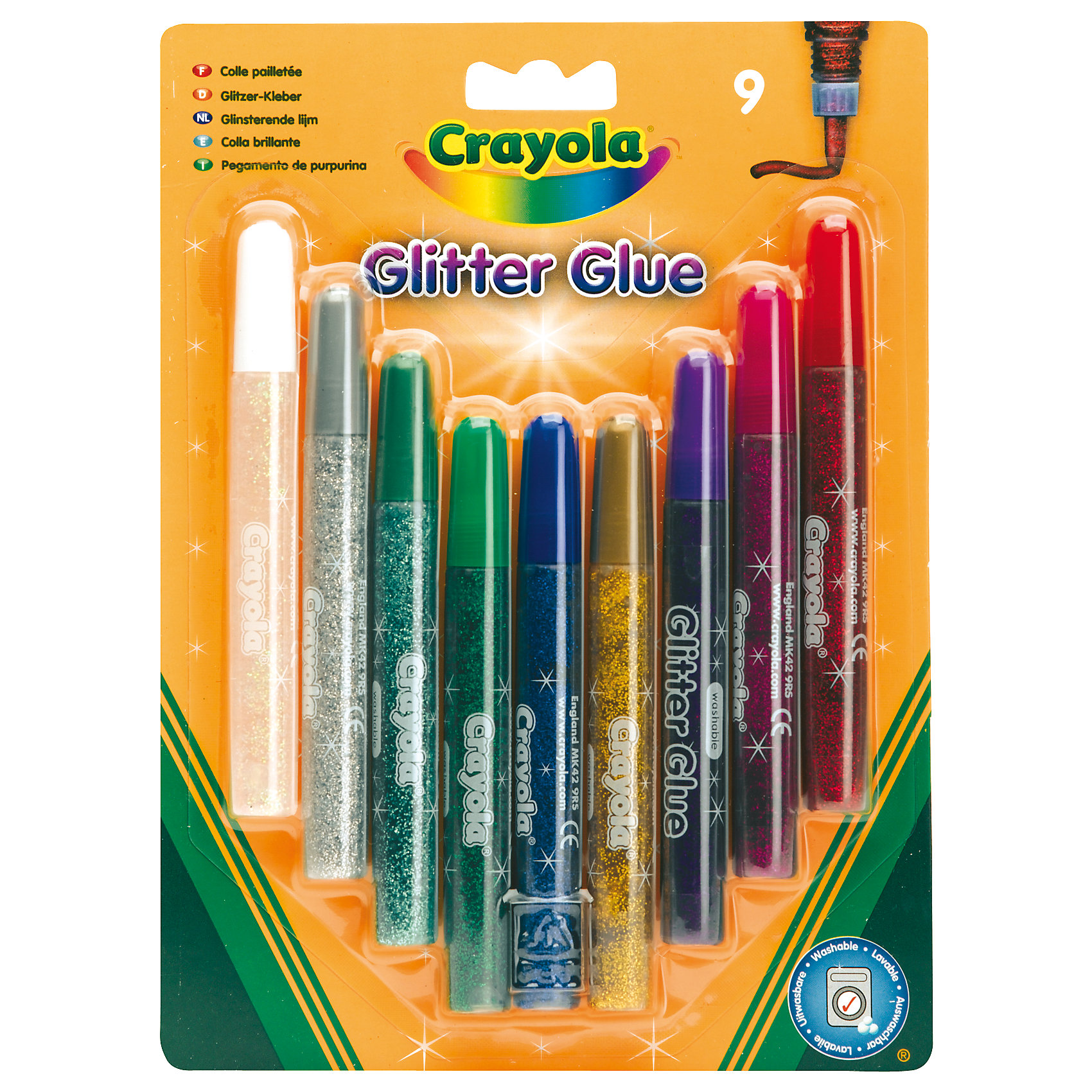 Crayola Оформительский клей, 9 цветов Crayola Оформительский клей, 9 цветовШкольные аксессуары<br>С помощью оформительского клея с блестками можно придать маленьким шедеврам индивидуальность. <br><br>С этим клеем очень легко работать, он высыхает примерно за 30 минут <br><br>В комплекте 9 тюбиков оформительского клея по 1,2 мл.<br><br>Клей очень легко смывается.<br><br>Ширина мм: 214<br>Глубина мм: 158<br>Высота мм: 18<br>Вес г: 161<br>Возраст от месяцев: 60<br>Возраст до месяцев: 120<br>Пол: Унисекс<br>Возраст: Детский<br>SKU: 2127074