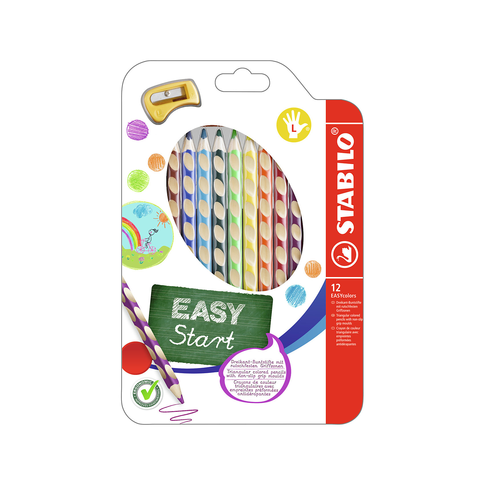 Набор цветных карандашей для левшей, 12 цв., EASYCOLORS Набор цветных карандашей для левшей, 12 цв., EASYCOLORSРисование<br>Набор цветных карандашей для левшей, 12 цв., EASYCOLORS от марки Stabilo<br><br>Эти карандаши созданы немецкой компанией для комфортного и легкого рисования. Цвета яркие, линия мягкая и однородная. Будут долго держаться на бумаге и не выцветать. Рисование помогает детям развивать усидчивость, воображение, образное восприятие мира, а также мелкую моторику рук. <br>Этот набор разработан специально для детей, осваивающих рисование и процесс письма. Он создан с учетом особенностей строения и развития руки ребенка. На деревянном карандаше сделаны специальные углубления, которые подсказывают детям правильное расположение пальцев на пишущем инструменте. <br>Даже после заточки карандашей они продолжают полноценно исполнять эту функцию. Форма этих предметов позволяет карандашам удобно ложиться в детской руке и не вызывать усталости мышц. Предназначены для левшей.<br><br>Особенности данной модели:<br><br>комплектация: 12 шт.<br><br>Набор цветных карандашей для левшей, 12 цв., EASYCOLORS можно купить в нашем магазине.<br><br>Ширина мм: 237<br>Глубина мм: 159<br>Высота мм: 18<br>Вес г: 153<br>Возраст от месяцев: 60<br>Возраст до месяцев: 120<br>Пол: Унисекс<br>Возраст: Детский<br>SKU: 2128525