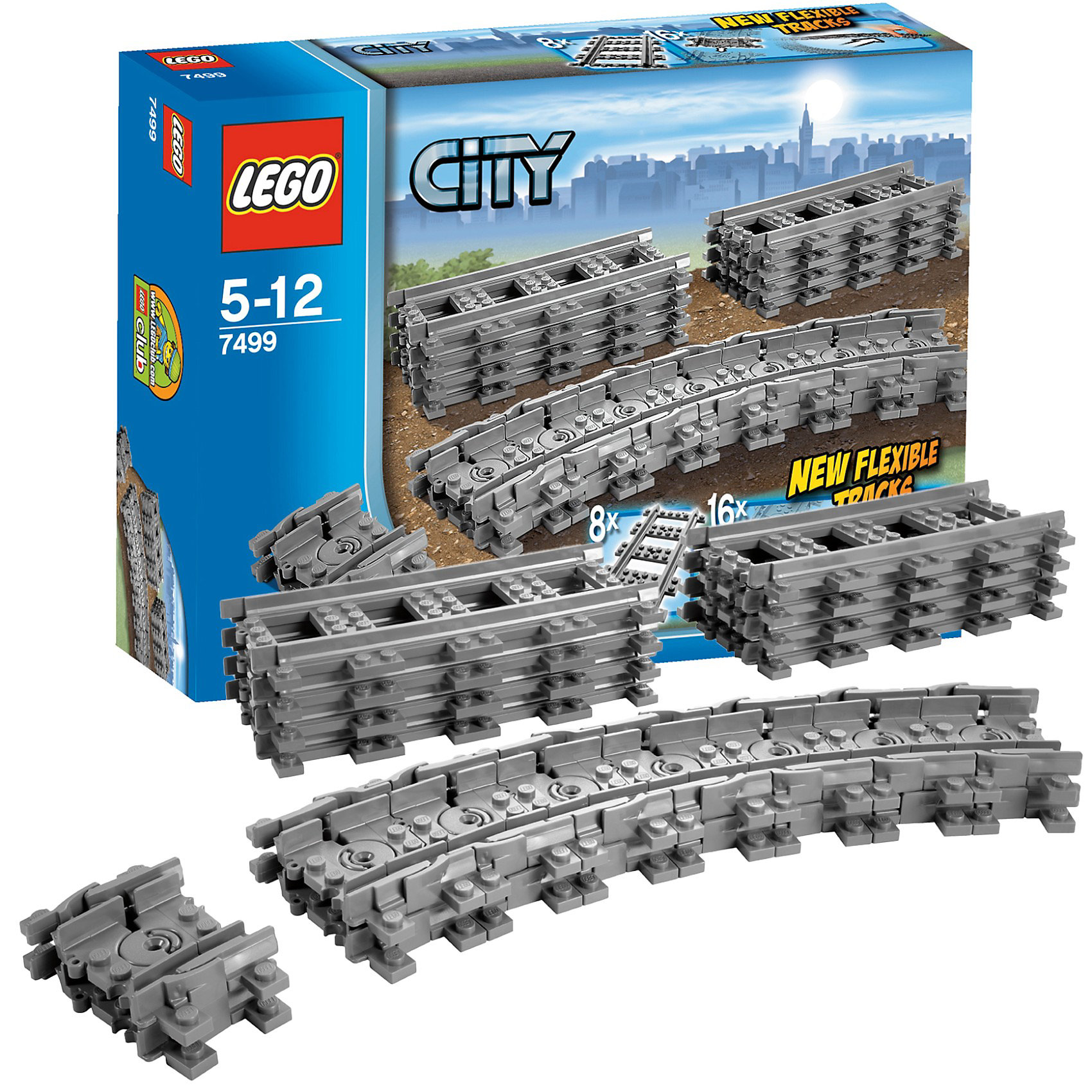 LEGO City 7499: Гибкие рельсы LEGO City 7499: Гибкие рельсыПластмассовые конструкторы<br>С гибкими рельсами от LEGO City (LEGO № 7499) препятствия можно просто объехать. <br><br>С помощью рельсов можно расширить железнодорожную систему так, чтобы препятствия и неудобные углы можно было просто объехать. Теперь каждый поезд доедет до пункта назначения! <br><br>Дополнительные информация: <br><br>- в набор входят 8 прямых рельсов и 16 гибких рельсов <br>- Артикул LEGO № 7499 <br>- Количество деталей LEGO: 24 <br>- Подходят к наборам LEGO 7938 и 7939. <br>- Рельсы не проводят электричество и потому не совместимы с поездами LEGO 9V.<br>- Размер упаковки (д/ш/в): 6,1 х 26,2 х 19,1 см. <br>- Серия: ЛЕГО Сити<br>Отличное дополнение для Вашей железной дороги!<br><br>Конструктор LEGO City 7499: Гибкие рельсы можно купить в нашем магазине.<br><br>Ширина мм: 266<br>Глубина мм: 193<br>Высота мм: 66<br>Вес г: 311<br>Возраст от месяцев: 60<br>Возраст до месяцев: 144<br>Пол: Мужской<br>Возраст: Детский<br>SKU: 2128652