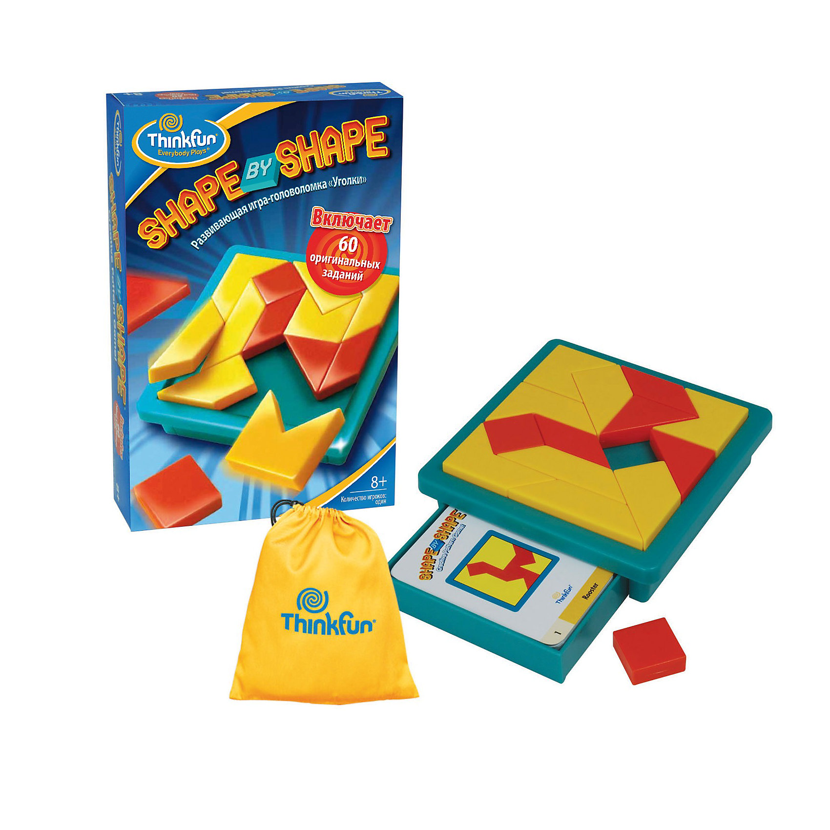 Игра Уголки Shape by shape, Thinkfun Игра Уголки Shape by shape, ThinkfunГоловоломки<br>Уголки Shape by shape - детская игра, в которой нужно собирать фигуры на поле из сложных фигур. <br><br>Цель игры - нужно посмотреть на карточку и собрать такую же композицию на игровом поле. Задачи примерно похожи по сложности, но с ростом опыта игра становится всё интереснее и интереснее.<br><br>Порядок игры:<br>- Выберите из колоды карточек с заданиями одну карточку.<br>- Разместите части головоломки так чтобы они соответствовали рисунку на карточке. <br>- Все кусочки головоломки должны находится внутри игрового поля и лежать горизонтально.<br>Решение для каждого задания показаны на обороте карточки.<br><br>Дополнительная информация:<br><br>В набор входят: 14 пластиковых фигурок, игровое поле, 60 карточек с заданиями, на обратной стороне которых есть подсказки на тот случай, если собрать не получается, и нейлоновый мешочек.<br><br>Данная игра хорошо развивает моторику и системное мышление.<br><br>Ширина мм: 200<br>Глубина мм: 220<br>Высота мм: 60<br>Вес г: 658<br>Возраст от месяцев: 96<br>Возраст до месяцев: 144<br>Пол: Унисекс<br>Возраст: Детский<br>SKU: 2148456