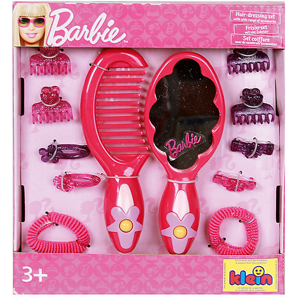 klein Набор с зеркалом Barbie, 12 предметов klein Набор с зеркалом Barbie, 12 предметовСалон красоты<br>В набор Барби для стилизации волос от klein (Кляйн) входят: расческа, различные заколочки и резиночки, расческа с зеркальцем. <br>Размер упаковки: 18х20х2,5 см.<br><br>Ширина мм: 120<br>Глубина мм: 120<br>Высота мм: 250<br>Вес г: 815<br>Возраст от месяцев: 60<br>Возраст до месяцев: 120<br>Пол: Женский<br>Возраст: Детский<br>SKU: 2148571