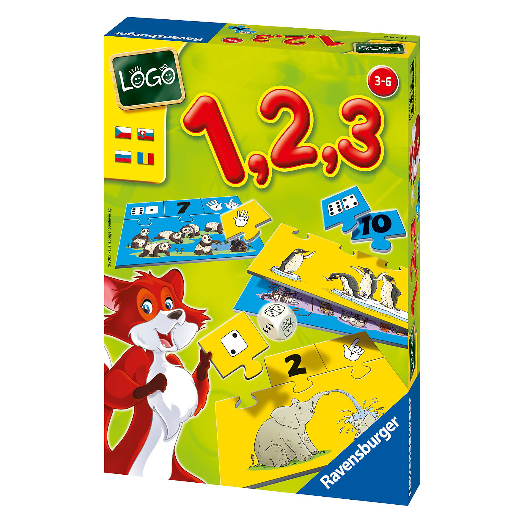 Обучающая игра Учимся считать Ravensburger Обучающая игра Учимся считать RavensburgerУчимся считать<br>Обучающая игра « Учимся считать» от Ravensburger превратит нелегкий процесс обучения в увлекательное занятие! В процессе игры дети научаться считать от 1 до 10.<br><br>На карточках числа представлены несколькими способами: с помощью цифр, очков на кубике или пальцев. На больших карточках изображены различные животные. Задача - правильно сосчитать количество животных на картинке и присоединить к ней по принципу пазла маленькие элементы с обозначением чисел. Карточки с обозначением количества подходят только к своей картинке и точно вставляются на свои места. Тот, кто первым справился с заданием, становится победителем.<br><br>Детали игры изготовлены из плотного картона и не погнутся при пользовании. Ваш малыш сможет снова и снова подбирать числа к картинкам!<br><br>Обучение с товарами от немецкого бренда Ravensburger скучным не бывает!<br><br><br>В наборе:<br>- 10 карточек-картинок с определенным количеством предметов;<br>- 10 карточек со стороной игрального кубика - очки;<br>- 10 карточек с пальчиками;<br>- 10 карточек с цифрами;<br>- игральный кубик с символами – очки, пальцы и цифры;<br>- инструкция на русском языке.<br><br>Дополнительная информация:<br><br>- Материал: плотный картон<br>- Размер игрушки: сложенная карточка 16х12 см<br>- Размер упаковки 27х19х5 см<br><br>Ширина мм: 170<br>Глубина мм: 60<br>Высота мм: 230<br>Вес г: 213<br>Возраст от месяцев: 36<br>Возраст до месяцев: 72<br>Пол: Унисекс<br>Возраст: Детский<br>SKU: 2148766