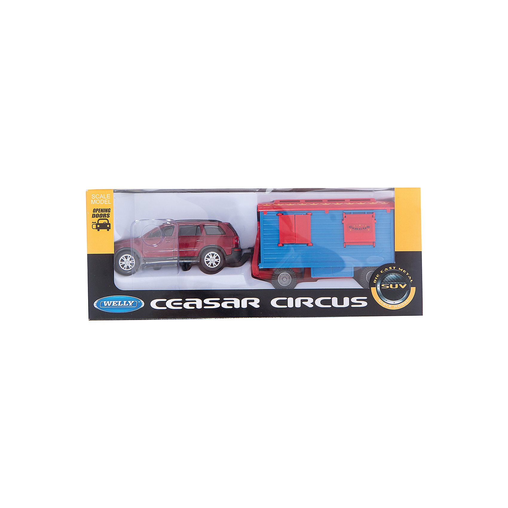 Игровой набор цирк Volvo XC90 1:24 с прицепом, Welly Игровой набор цирк Volvo XC90 1:24 с прицепом, WellyИгровые наборы<br>Характеристики товара:<br><br>• цвет: красный<br>• материал: пластик, металл <br>• размер упаковки: 34,5х8х13,5 см<br>• открываются двери и ставни<br>• марка машины: BMW X5<br>• масштаб: 1:24 <br>• комплектация: машина, фургон<br>• хорошая детализация<br>• вес: 500 г<br>• страна бренда: Китай<br>• страна производства: Китай<br><br>В этот игровой набор входит машина BMW X5 и фургон. Такая хорошо детализированная игрушка от бренда Welly станет отличным подарком мальчику. У каждой игрушки из набора открываются двери или ставни. Изделия прочные, сделаны из металла с добавлением пластика.<br>Игры с машинками позволяют ребенку не только весело проводить время, но и развивать важные навыки: мелкую моторику, воображение, логику, мышление. Изделие произведено из сертифицированных материалов, безопасных для детей.<br><br>Игровой набор цирк Volvo XC90 1:24 с прицепом от бренда Welly (Велли) можно купить в нашем интернет-магазине.<br><br>Ширина мм: 345<br>Глубина мм: 80<br>Высота мм: 135<br>Вес г: 520<br>Возраст от месяцев: 84<br>Возраст до месяцев: 1188<br>Пол: Мужской<br>Возраст: Детский<br>SKU: 2150001