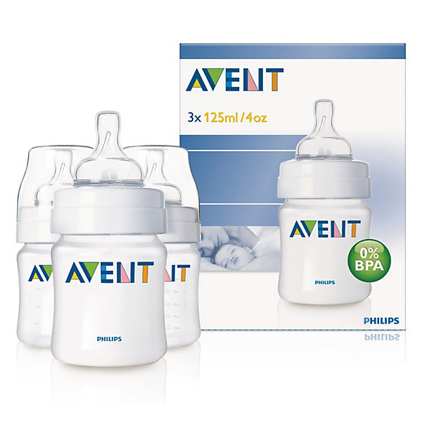 Бутылочка для кормления , 125 мл, РР, 3 шт., AVENT Бутылочка для кормления , 125 мл, РР, 3 шт., AVENT110 - 180 мл.<br>Беспокойное поведение свойственно новорожденным, и поэтому малыш может плакать.<br> <br>Бутылочка Philips AVENT (Авент) (Авент) серии Advanced Classic 125 мл, 3 шт. значительно снижает риск возникновения колик и раздражительности, особенно в ночное время.<br><br>Преимущества:<br><br>• Бутылочка для кормления AVENT отличается простотой сборки и высокой гигиеничностью.<br>• Естественная форма соски соответствует форме женской груди и обеспечивает правильный захват. <br>• Эргономичная форма для максимального комфорта, позволяет ребенку удобно держать бутылочку при кормлении. <br>• Наличие четкой шкалы на корпусе помогает вам оценить количество выпитого ребенком молока. <br>• Уникальный односторонний воздушный клапан Philips AVENT (Авент) закрывается и открывается вместе с<br>естественным ритмом сосания малыша и позволяет воздуху непрерывно попадать внутрь бутылочки, <br>замещая жидкость по мере ее расхода.<br><br>Дополнительная информация:<br><br>• Совместима с изделиями линейки Philips AVENT (Авент)<br>• Бутылочка не содержит бисфенола-А<br>• Доступны соски с различной скоростью потока<br>• Всегда используйте соединительное кольцо<br>• Бутылочка состоит всего из трех компонентов, что облегчает очистку, <br>и имеет стандартный колпачок для гигиеничного хранения и транспортировки <br><br>В комплекте:<br><br>3 бутылочки AVENT для кормления 125 мл,<br>3 соски с колпачками.<br><br>Ширина мм: 60<br>Глубина мм: 130<br>Высота мм: 180<br>Вес г: 235<br>Возраст от месяцев: 0<br>Возраст до месяцев: 24<br>Пол: Унисекс<br>Возраст: Детский<br>SKU: 2174470