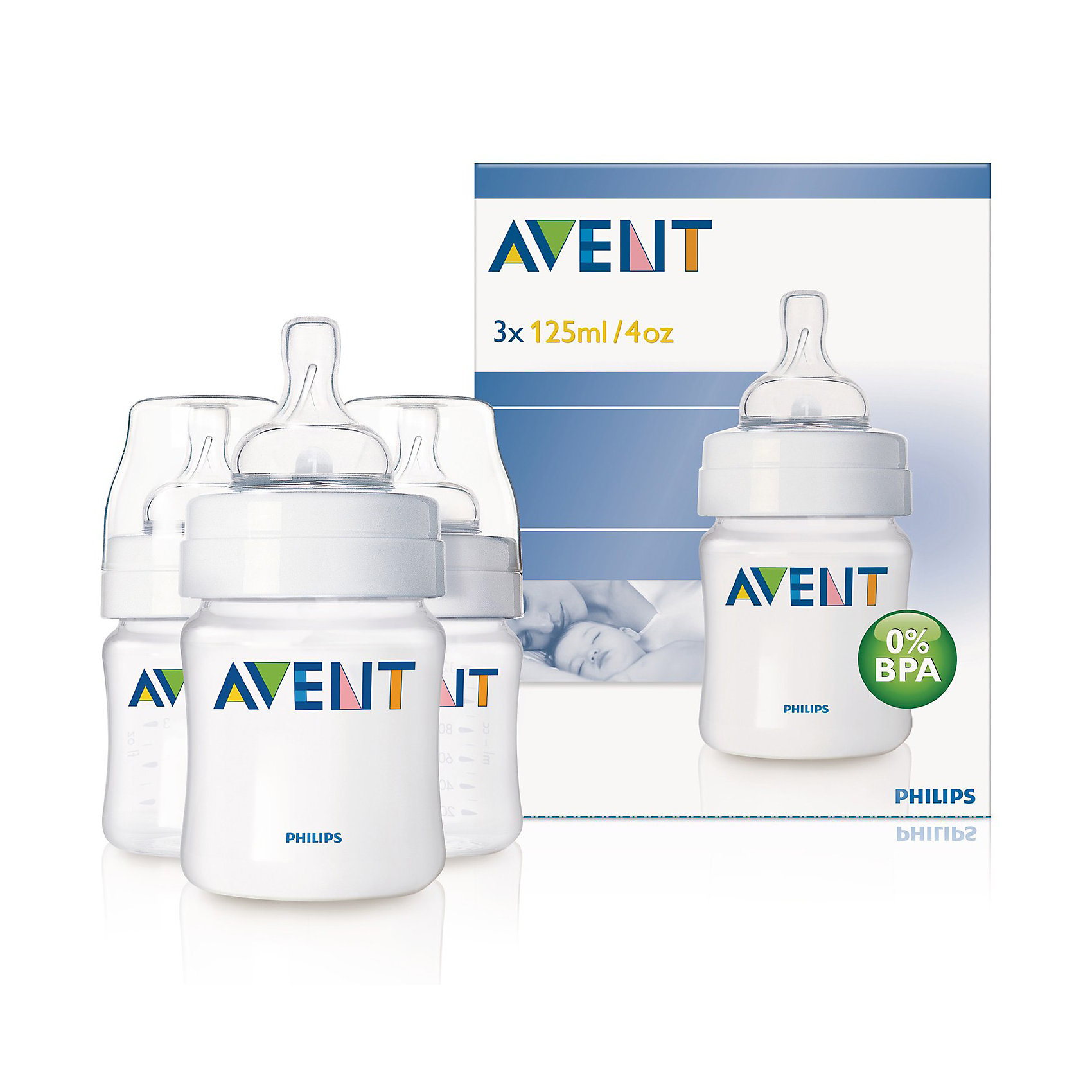 Бутылочка для кормления , 125 мл, РР, 3 шт., AVENT Бутылочка для кормления , 125 мл, РР, 3 шт., AVENT110 - 180 мл.<br>Беспокойное поведение свойственно новорожденным, и поэтому малыш может плакать.<br> <br>Бутылочка Philips AVENT (Авент) (Авент) серии Advanced Classic 125 мл, 3 шт. значительно снижает риск возникновения колик и раздражительности, особенно в ночное время.<br><br>Преимущества:<br><br>• Бутылочка для кормления AVENT отличается простотой сборки и высокой гигиеничностью.<br>• Естественная форма соски соответствует форме женской груди и обеспечивает правильный захват. <br>• Эргономичная форма для максимального комфорта, позволяет ребенку удобно держать бутылочку при кормлении. <br>• Наличие четкой шкалы на корпусе помогает вам оценить количество выпитого ребенком молока. <br>• Уникальный односторонний воздушный клапан Philips AVENT (Авент) закрывается и открывается вместе с<br>естественным ритмом сосания малыша и позволяет воздуху непрерывно попадать внутрь бутылочки, <br>замещая жидкость по мере ее расхода.<br><br>Дополнительная информация:<br><br>• Совместима с изделиями линейки Philips AVENT (Авент)<br>• Бутылочка не содержит бисфенола-А<br>• Доступны соски с различной скоростью потока<br>• Всегда используйте соединительное кольцо<br>• Бутылочка состоит всего из трех компонентов, что облегчает очистку, <br>и имеет стандартный колпачок для гигиеничного хранения и транспортировки <br><br>В комплекте:<br><br>3 бутылочки AVENT для кормления 125 мл,<br>3 соски с колпачками.<br><br>Ширина мм: 60<br>Глубина мм: 130<br>Высота мм: 180<br>Вес г: 235<br>Возраст от месяцев: 0<br>Возраст до месяцев: 24<br>Пол: Унисекс<br>Возраст: Детский<br>SKU: 2174470