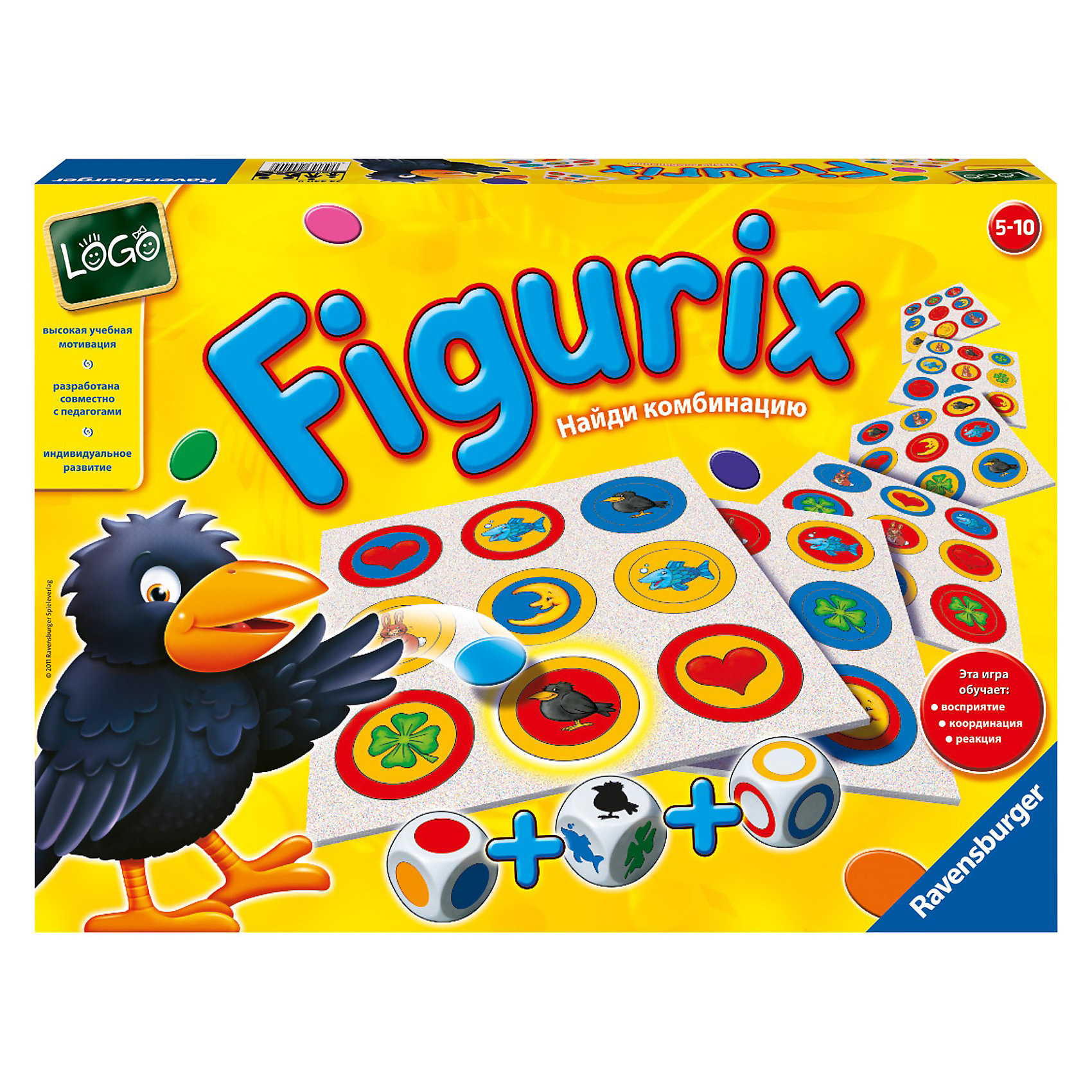 Настольная игра Фигурикс, Ravensburger Настольная игра Фигурикс, RavensburgerНемецкая компания Ravensburger рада предложить Вам еще одну увлекательную развивающую игру для деток от 5 до 10 лет. Настольная игра Фигурикс, как и все обучающие игры от Ravensburger, невероятно захватывающая!<br><br>Цель игры - правильно поместить на игровом поле свои фишки.<br>Игроки должны быстро находить выпавшие на кубиках комбинации на своих карточках. Медлить нельзя! Ведь нужно опередить соперников в скорости и действовать при этом очень внимательно. Победит тот, кто первым найдет на игровом поле больше всех комбинаций.<br><br>Игра Фигурикс способствует развитию логического мышления, концентрации внимания, реакции, памяти.<br><br>Дополнительная информация:<br><br>В комплекте: <br> - 6 игровых досок <br> - 3 деревянных кубика<br> - 36 фишек 6 цветов<br>Размер игровой доски: 22 см x 22 см<br>Количество игроков: от 2 до 6<br><br>Настольную игру Фигурикс, Ravensburger можно купить в нашем магазине.<br><br>Ширина мм: 380<br>Глубина мм: 265<br>Высота мм: 45<br>Вес г: 765<br>Возраст от месяцев: 60<br>Возраст до месяцев: 120<br>Пол: Унисекс<br>Возраст: Детский<br>SKU: 2206780