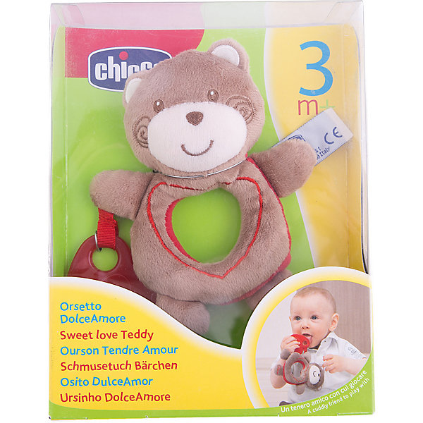 Медвежонок Sweet Love Teddy, Chicco Медвежонок Sweet Love Teddy, ChiccoМягкие игрушки животные<br>Медвежонок Sweet Love Teddy Chicco (Чико) - это настоящий маленький друг Вашего малыша! <br><br>Очаровательный медвежонок из мягкого материала - приятный на ощупь и безопасный для здоровья Вашей крохи. Красное сердечко из специального мягкого пластика, которое держит медвежонок, выполняет роль прорезывателя, когда у малыша режутся зубки.<br><br>Игрушка очень легкая, а благодаря своим размерам, малышу будет удобно держать его в руках. <br><br>Медвежонок оснащен удобным крепежом - его можно легко прикрепить к кроватке, коляске или автокреслу - он сможет всюду сопровождать малыша!<br><br>Медвежонка Sweet Love Teddy Chicco можно купить в нашем интернет-магазине.<br><br>Дополнительная информация:<br>- Можно стирать в стиральной машине.<br>- Размер упаковки: 16,1 х 5,7 х 21 см.<br><br>Ширина мм: 161<br>Глубина мм: 57<br>Высота мм: 210<br>Вес г: 214<br>Возраст от месяцев: 3<br>Возраст до месяцев: 12<br>Пол: Унисекс<br>Возраст: Детский<br>SKU: 2231679