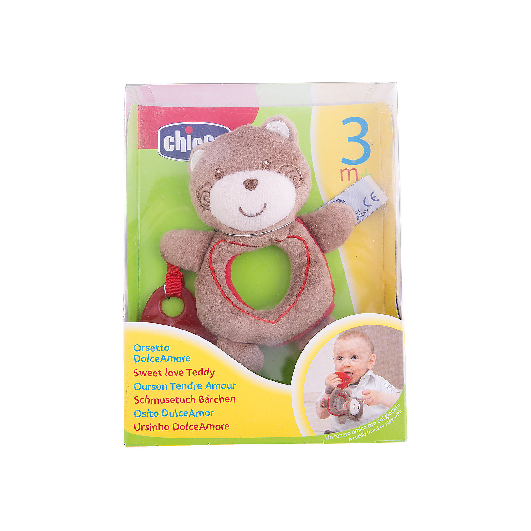 Медвежонок Sweet Love Teddy, Chicco Медвежонок Sweet Love Teddy, ChiccoМедвежонок Sweet Love Teddy Chicco (Чико) - это настоящий маленький друг Вашего малыша! <br><br>Очаровательный медвежонок из мягкого материала - приятный на ощупь и безопасный для здоровья Вашей крохи. Красное сердечко из специального мягкого пластика, которое держит медвежонок, выполняет роль прорезывателя, когда у малыша режутся зубки.<br><br>Игрушка очень легкая, а благодаря своим размерам, малышу будет удобно держать его в руках. <br><br>Медвежонок оснащен удобным крепежом - его можно легко прикрепить к кроватке, коляске или автокреслу - он сможет всюду сопровождать малыша!<br><br>Медвежонка Sweet Love Teddy Chicco можно купить в нашем интернет-магазине.<br><br>Дополнительная информация:<br>- Можно стирать в стиральной машине.<br>- Размер упаковки: 16,1 х 5,7 х 21 см.<br><br>Ширина мм: 161<br>Глубина мм: 57<br>Высота мм: 210<br>Вес г: 214<br>Возраст от месяцев: 3<br>Возраст до месяцев: 12<br>Пол: Унисекс<br>Возраст: Детский<br>SKU: 2231679