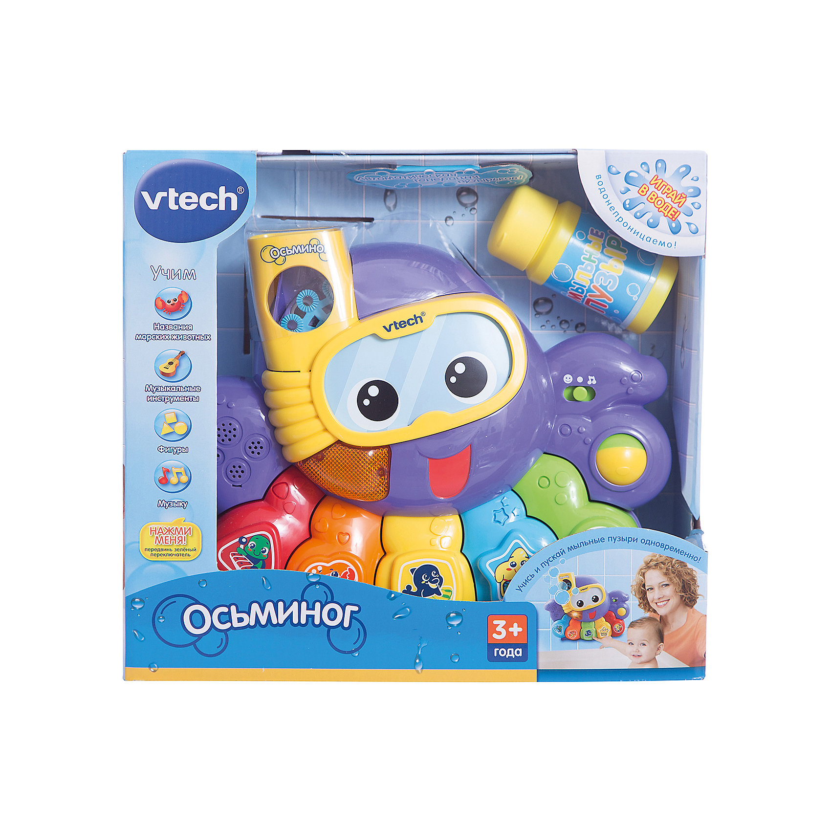 Игрушка для ванной Осьминог , Vtech Игрушка для ванной Осьминог , VtechИнтерактивные игрушки для малышей<br>Игрушка для ванной Осьминог, Vtech (Втеч).<br><br>Характеристики:<br><br>• Для детей от 3 лет<br>• Комплектация: осьминог, мыльная жидкость<br>• Особенности: водонепроницаема; выбор программ; кнопки с фигурами; резервуар для мыльной жидкости; автоматическая генерация пузырьков; светящаяся кнопка, вращающийся шарик, таймер автоматического отключения<br>• Обучение: названия морских животных, музыкальных инструментов, фигур<br>• Материал: пластик<br>• Батарейки: 4 типа АА (в комплекте демонстрационные)<br>• Упаковка: красочная подарочная коробка<br>• Размер упаковки: 31х12х28 см.<br><br>Осьминог от французской компании Vtech – восхитительная игрушка для ванны, с которой купание вашего малыша будет не только веселым, но и познавательным! Красочный и яркий осьминог крепится к кафелю или стенке ванны с помощью присосок. При нажатии на разноцветные кнопочки пианино осьминог может рассказать малышу, как называются морские животные, геометрические фигуры и цвета. <br><br>Но и это еще не всё! При помощи специального резервуара для мыльной воды, осьминог будет сам пускать пузыри, чем приведет малыша в восторг. С помощью режима вопросов можно будет закрепить полученные знания, ну а веселые мелодии и одобряющие фразы сделают игру еще интереснее. Игрушка изготовлена из прочного безопасного пластика. Продается в красочной коробке и идеально подходит в качестве подарка.<br><br>Игрушку для ванной Осьминог, Vtech (Втеч) можно купить в нашем интернет-магазине.<br><br>Ширина мм: 120<br>Глубина мм: 310<br>Высота мм: 280<br>Вес г: 1630<br>Возраст от месяцев: 6<br>Возраст до месяцев: 36<br>Пол: Унисекс<br>Возраст: Детский<br>SKU: 2263132