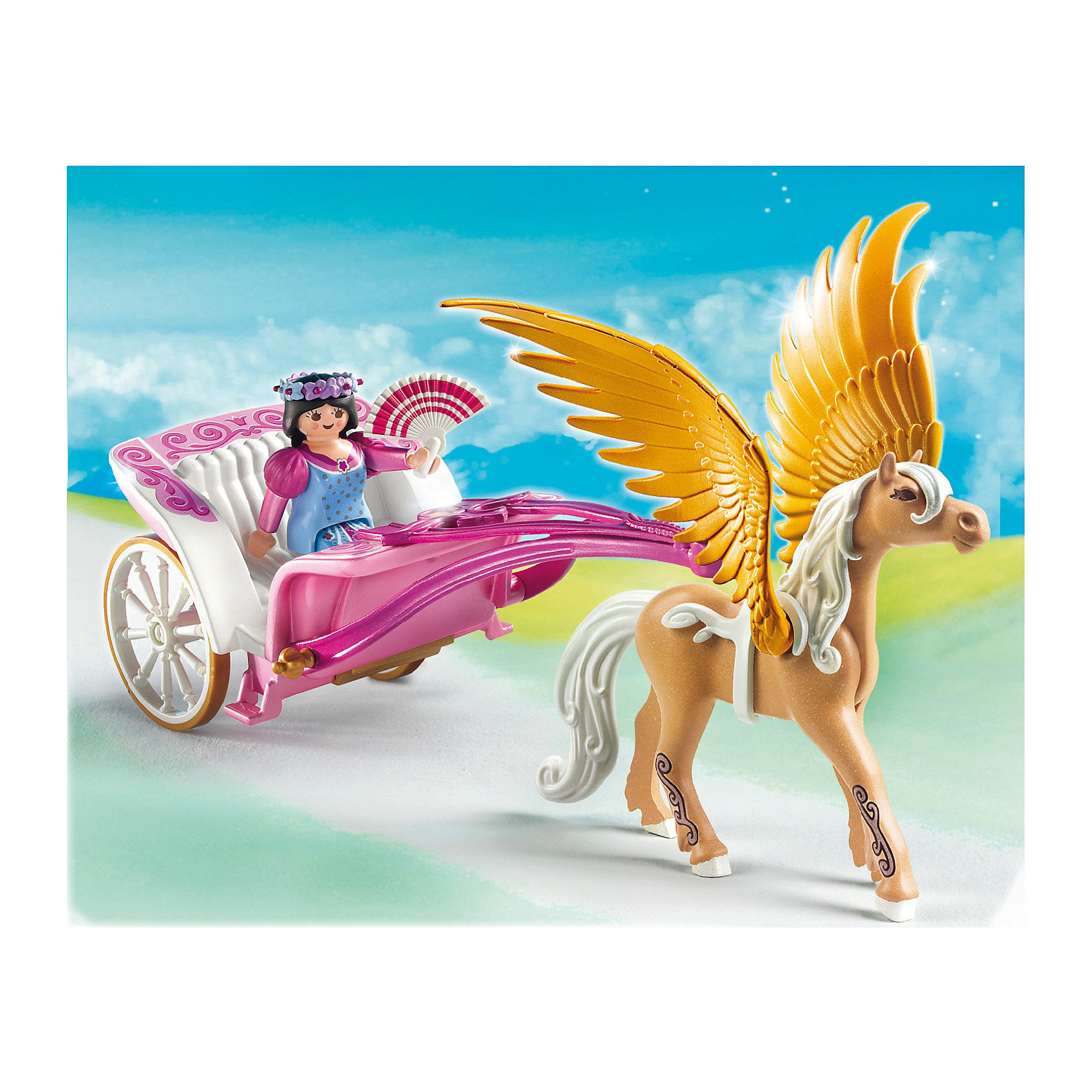 Повозка запряженная Пегасом, PLAYMOBIL Повозка запряженная Пегасом, PLAYMOBILПластмассовые конструкторы<br>Отправляйся в сказочное путешествие вместе с принцессой и ее Пегасом! В наборе - фигурка принцессы, Пегас, колесница и множество прекрасных аксессуаров, которые сделают игру еще реалистичнее и увлекательнее. Фигурка имеет подвижные конечности, в руки можно вложить различные предметы. Пегас может кивать головой, а его крылья опускаются и поднимаются. Колесики повозки вращаются. Все детали прекрасно проработаны и выполнены из высококачественного экологичного пластика безопасного для детей. Играть с таким набором не только приятно и интересно - подобные виды игры развивают мелкую моторику, воображение, творческое мышление.<br><br>Дополнительная информация:<br><br>- 1 фигурка принцессы.<br>- Комплектация: 1 фигурка, Пегас, колесница, аксессуары. <br>- Материал: пластик.<br>- Размер упаковки: 20х25х10 см.<br>- Высота фигурки: 7,5 см.<br>- Голова, руки, ноги у фигурки подвижные.<br>- Колесики колесницы вращаются.<br><br>Набор Повозка запряженная Пегасом, PLAYMOBIL (Плеймобил), можно купить в нашем магазине.<br><br>Ширина мм: 252<br>Глубина мм: 202<br>Высота мм: 105<br>Вес г: 350<br>Возраст от месяцев: 48<br>Возраст до месяцев: 120<br>Пол: Женский<br>Возраст: Детский<br>SKU: 2265276