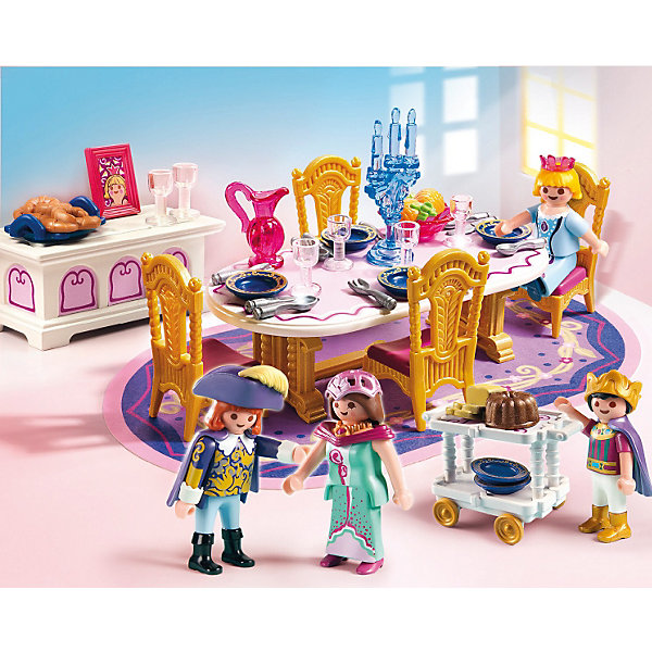 Королевский обеденный зал, PLAYMOBIL Королевский обеденный зал, PLAYMOBILПластмассовые конструкторы<br>Известный бренд Playmobil (Плеймобил) дарит своим друзьям игровой набор с элементами конструктора 5145 Королевский обеденный зал из серии Сказочный дворец.<br>Устройте настоящий королевский обед вместе с набором от Playmobil.<br><br>В наборе:<br>- овальный обеденный стол, <br>- ковер,<br>- комод для столовых приборов,<br>- стулья, столик на колёсах для подачи пищи, <br>- фигурки королевской семьи<br><br>Дополнительная информация:<br><br>- материал: пластмасса <br>- высота фигурок: 7,5 см. <br>-размер: 20см*25см*5см. <br>-вес: 500 гр.<br><br>Игрушки от немецкого бренда Playmobil отличаются высоким качеством и надежностью. <br>Замечательное качество игрушек Playmobil — возможность совмещать наборы друг с другом, раздвигая границы игры до бесконечности. <br>Придумывайте и создавайте свои истории вместе с игрушками бренда Playmobil!<br><br>Королевский обеденный зал 5145 от PLAYMOBIL можно купить в нашем интернет-магазине.<br><br>Ширина мм: 254<br>Глубина мм: 202<br>Высота мм: 56<br>Вес г: 261<br>Возраст от месяцев: 48<br>Возраст до месяцев: 120<br>Пол: Женский<br>Возраст: Детский<br>SKU: 2265278