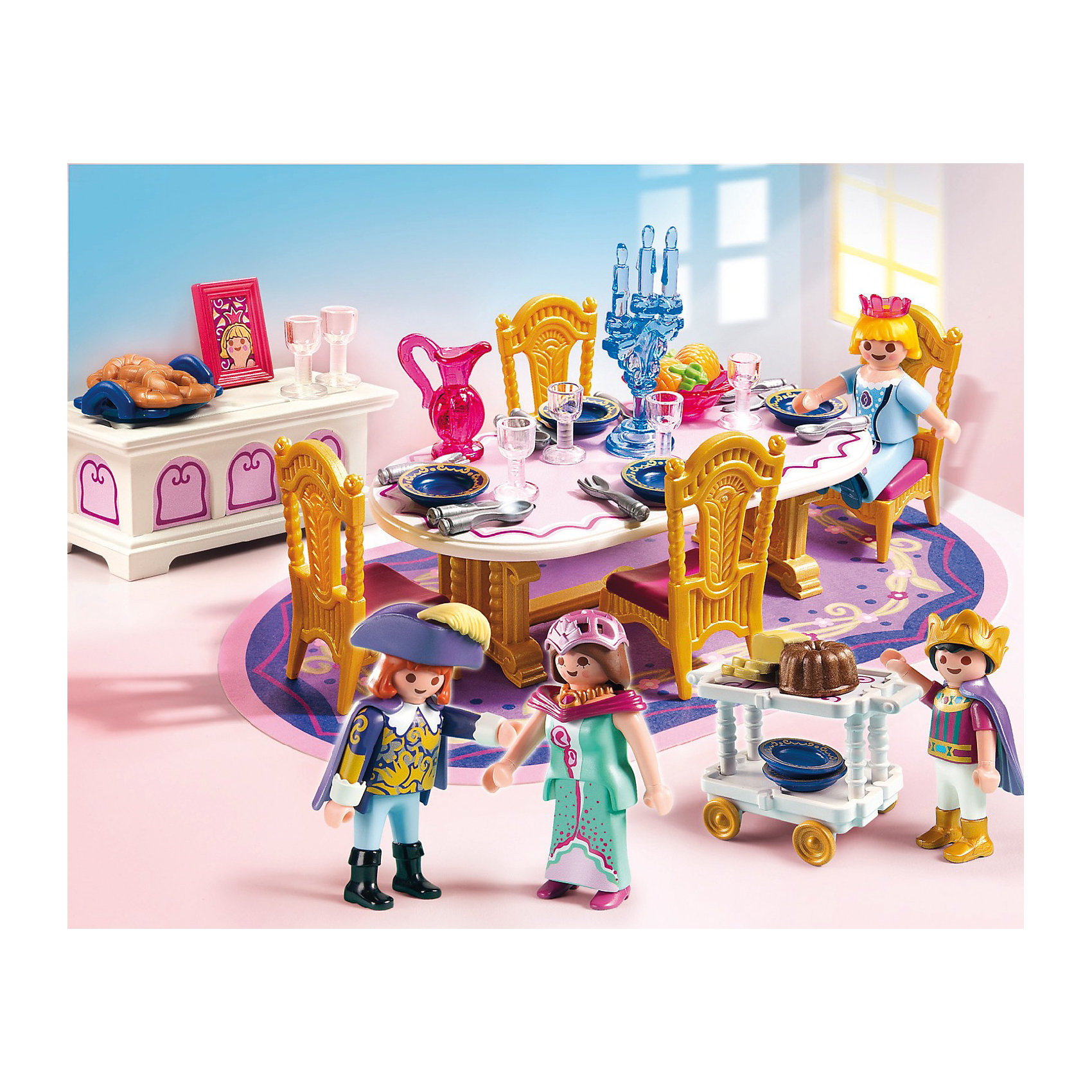 Королевский обеденный зал, PLAYMOBIL Королевский обеденный зал, PLAYMOBILПластмассовые конструкторы<br>Известный бренд Playmobil (Плеймобил) дарит своим друзьям игровой набор с элементами конструктора 5145 Королевский обеденный зал из серии Сказочный дворец.<br>Устройте настоящий королевский обед вместе с набором от Playmobil.<br><br>В наборе:<br>- овальный обеденный стол, <br>- ковер,<br>- комод для столовых приборов,<br>- стулья, столик на колёсах для подачи пищи, <br>- фигурки королевской семьи<br><br>Дополнительная информация:<br><br>- материал: пластмасса <br>- высота фигурок: 7,5 см. <br>-размер: 20см*25см*5см. <br>-вес: 500 гр.<br><br>Игрушки от немецкого бренда Playmobil отличаются высоким качеством и надежностью. <br>Замечательное качество игрушек Playmobil — возможность совмещать наборы друг с другом, раздвигая границы игры до бесконечности. <br>Придумывайте и создавайте свои истории вместе с игрушками бренда Playmobil!<br><br>Королевский обеденный зал 5145 от PLAYMOBIL можно купить в нашем интернет-магазине.<br><br>Ширина мм: 254<br>Глубина мм: 202<br>Высота мм: 56<br>Вес г: 261<br>Возраст от месяцев: 48<br>Возраст до месяцев: 120<br>Пол: Женский<br>Возраст: Детский<br>SKU: 2265278