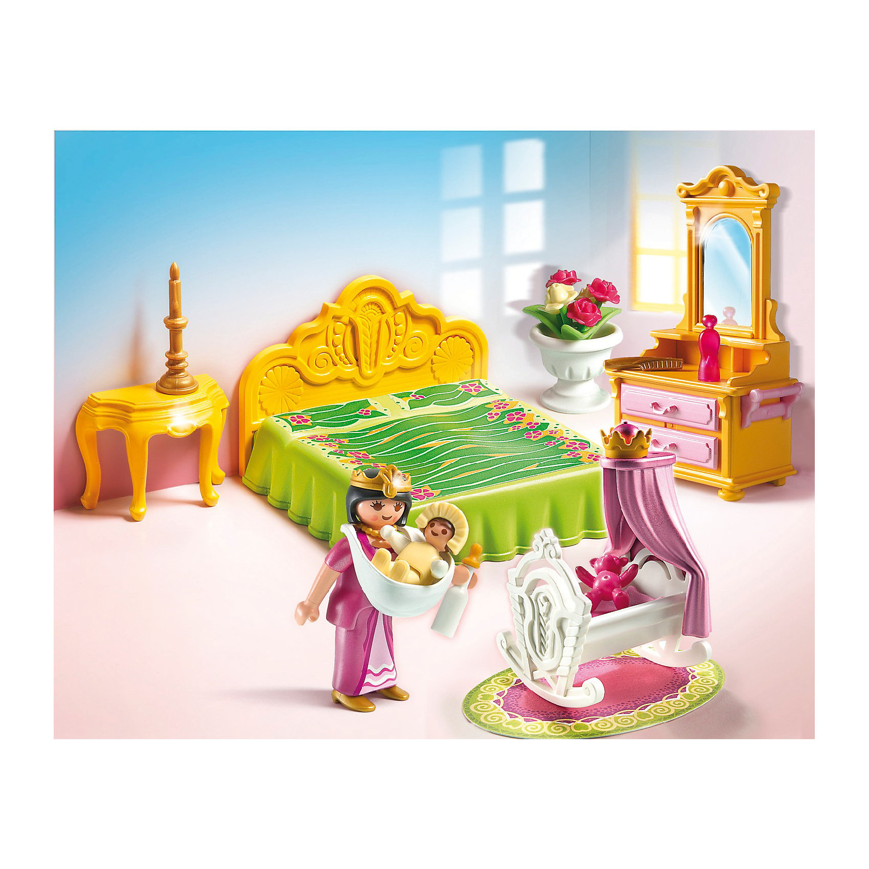 Королевская спальня с колыбелью, PLAYMOBIL Королевская спальня с колыбелью, PLAYMOBILПластмассовые конструкторы<br>Известный бренд Playmobil дарит своим друзьям игровой набор c элементами конструктора Королевская спальня с колыбелью<br>У королевы появился младенец и конечно для него только самое лучшее! <br>В наборе: <br>• колыбель с ребенком<br>• двуспальная кровать с покрывалом<br>• пуфик<br>• трюмо с зеркалом<br>• подсвечник<br>• бутылочка с соской<br>• игрушечный медведь<br>• ваза с цветами<br>• духи и расческа<br><br>Игрушки от немецкого бренда Playmobil отличаются высоким качеством и надежностью. <br>Замечательное качество игрушек Playmobil — возможность совмещать наборы друг с другом, раздвигая границы игры до бесконечности. <br>Придумывайте и создавайте свои истории вместе с игрушками бренда Playmobil (Плеймобил)!<br><br>Ширина мм: 258<br>Глубина мм: 200<br>Высота мм: 82<br>Вес г: 243<br>Возраст от месяцев: 48<br>Возраст до месяцев: 120<br>Пол: Женский<br>Возраст: Детский<br>SKU: 2265279