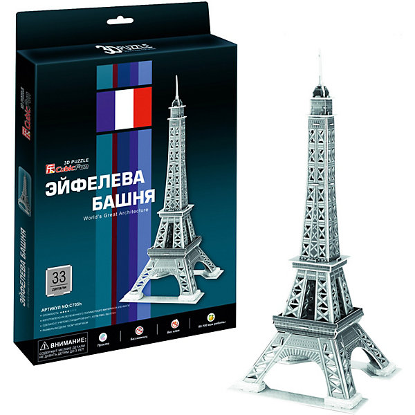 Пазл 3D Эйфелева Башня 2 (Париж), 33 детали, CubicFun Пазл 3D Эйфелева Башня 2 (Париж), 33 детали, CubicFun3D пазлы<br>Башня является самой узнаваемой архитектурной достопримечательностью Парижа, имеющая мировую известность как символ Франции, названная в честь своего конструктора Густава Эйфеля.<br><br>УРОВЕНЬ СЛОЖНОСТИ - 2 <br><br>Функции:<br>- помогает в развитии логики и творческих способностей ребенка;<br>- помогает в формировании мышления, речи, внимания, восприятия и воображения;<br>- развивает моторику рук;<br>- расширяет кругозор ребенка и стимулирует к познанию новой информации;<br><br>Практические характеристики:<br>- обучающая, яркая и реалистичная модель;<br>- идеально и легко собирается без инструментов;<br>- увлекательный игровой процесс;<br>- тематический ассортимент;<br>- новый качественный материал (ламинированный пенокартон)<br><br>Ширина мм: 19<br>Глубина мм: 220<br>Высота мм: 330<br>Вес г: 533<br>Возраст от месяцев: 60<br>Возраст до месяцев: 144<br>Пол: Унисекс<br>Возраст: Детский<br>SKU: 2276283