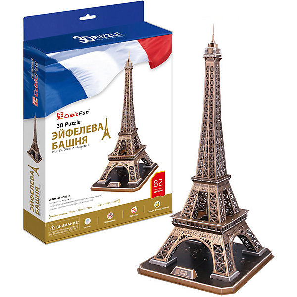 Пазл 3D Эйфелева Башня (Франция), 82 детали, CubicFun Пазл 3D Эйфелева Башня (Франция), 82 детали, CubicFun3D пазлы<br>Башня является самой узнаваемой архитектурной достопримечательностью Парижа, имеющая мировую известность как символ Франции, названная в честь своего конструктора Густава Эйфеля.<br><br>УРОВЕНЬ СЛОЖНОСТИ - 6<br><br>Функции:<br>- помогает в развитии логики и творческих способностей ребенка;<br>- помогает в формировании мышления, речи, внимания, восприятия и воображения;<br>- развивает моторику рук;<br>- расширяет кругозор ребенка и стимулирует к познанию новой информации;<br><br>Практические характеристики:<br>- обучающая, яркая и реалистичная модель;<br>- идеально и легко собирается без инструментов;<br>- увлекательный игровой процесс;<br>- тематический ассортимент;<br>- новый качественный материал (ламинированный пенокартон)<br><br>Ширина мм: 60<br>Глубина мм: 222<br>Высота мм: 330<br>Вес г: 1093<br>Возраст от месяцев: 60<br>Возраст до месяцев: 144<br>Пол: Унисекс<br>Возраст: Детский<br>SKU: 2276291