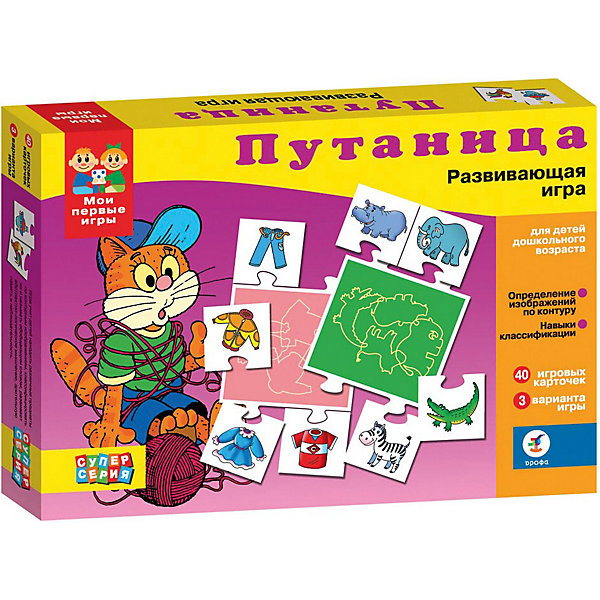 Путаница Серия Мои первые игры, Дрофа-Медиа Путаница Серия Мои первые игры, Дрофа-МедиаВикторины и ребусы<br>Развивающая игра Путаница Серия Мои первые игры, Дрофа-Медиа (Drofa-media)<br><br>Игра знакомит с животными и растительным миром, основными видами транспорта, учит детей определять предмет по контуру, способствует развитию логики.<br>Принцип игры: соединение нескольких карточек с помощью пазлового замка. <br><br>Порадуйте Вашего малыша прекрасным подарком!<br><br>Дополнительная информация:<br><br>- В комплекте: 10 игровых полей, 40 карточек<br>- Материал: картон<br>- Размеры упаковки: 280 х 35 х 195 мм<br>- Вес 230 г.<br><br>Развивающую игру Путаница Серия Мои первые игры, Дрофа-Медиа (Drofa-media) можно купить в нашем интернет-магазине.<br><br>Внимание. Упаковка товара может быть представлена в другом дизайне. К сожалению, предварительный выбор определенного варианта упаковки невозможен.<br><br>Ширина мм: 280<br>Глубина мм: 35<br>Высота мм: 195<br>Вес г: 230<br>Возраст от месяцев: 36<br>Возраст до месяцев: 60<br>Пол: Унисекс<br>Возраст: Детский<br>SKU: 2281367