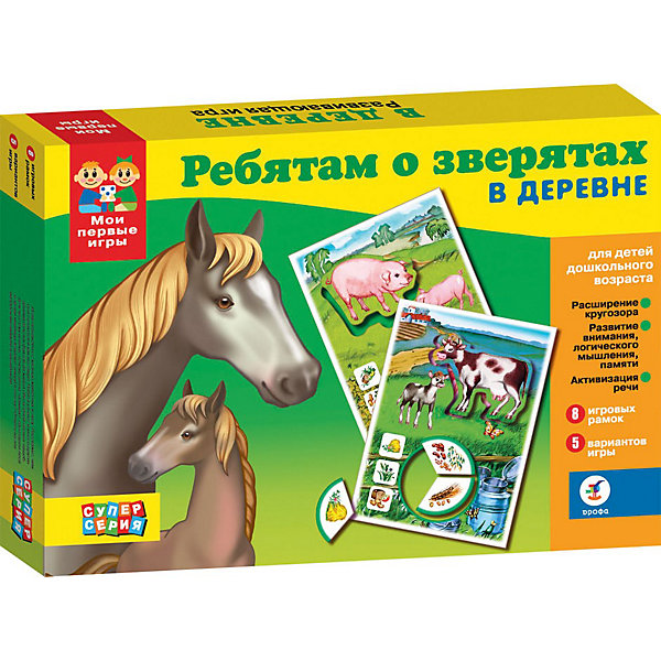 Ребятам о зверятах. В деревне Серия Мои первые игры, Дрофа-Медиа Ребятам о зверятах. В деревне Серия Мои первые игры, Дрофа-МедиаОкружающий мир<br>Развивающая игра Ребятам о зверятах. В деревне Серия Мои первые игры, Дрофа-Медиа (Drofa-media)<br><br>Игра познакомит ребенка с животными, обитающими в деревне, условиями их содержания и особенностями кормления. Игра состоит из 8 игровых рамок с изображением животного, его детеныша, характерной для него пищи и среды обитания.<br>Игра расширяет кругозор, способствует развитию произвольного внимания, логического мышления, памяти, активизирует речь и пополняет словарь, совершенствует мелкую моторику рук.<br>Тематика: окружающий мир, знакомство и расширение представлений о животных.<br>Принцип игры: подбор и вкладывание фигурок животных и карточек с изображением пищи, которую они едят.<br><br>Дополнительная информация:<br><br>- В комплекте: 8 игровых рамочек, 8 фигурок взрослых животных и 24 карточки с изображением пищи, правила (5 вариантов игры).<br>- Материал: картон<br>- Размеры упаковки: 280 х 35 х 195 мм<br>- Вес 230 г.<br><br>Развивающую игру Ребятам о зверятах. В деревне Серия Мои первые игры, Дрофа-Медиа (Drofa-media) можно купить в нашем интернет-магазине.<br><br>Ширина мм: 280<br>Глубина мм: 35<br>Высота мм: 195<br>Вес г: 230<br>Возраст от месяцев: 36<br>Возраст до месяцев: 72<br>Пол: Унисекс<br>Возраст: Детский<br>SKU: 2281370