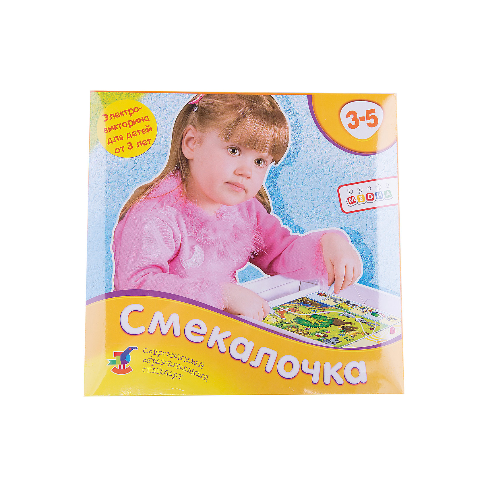 Смекалочка. Серия Электровикторина, Дрофа-Медиа Смекалочка. Серия Электровикторина, Дрофа-МедиаВикторины, ребусы<br>Эта игра - настоящая энциклопедия знаний для малыша. Увлекательные задания и забавные рисунки расширяют представление об окружающем мире.<br><br>Ребенок учится рассказывать, различать цвета, знакомится с различными профессиями и видами спотра, животными и растениями, временами года и временем суток.<br>Игра станет хорошим помощником родителям и воспитателям для занятий с детьми в кругу семьи и в дошкольных учреждениях.<br>Покажите ребенку как пользоваться проводками, как с их помощью найти правильный ответ. Музыка и световой сигнал подтвердят, что выбор сделан правильно.<br><br>Механического запоминания расположения отверстий не будет - благодаря использованию современных технологий простой подбор правильного ответа невозможен.<br><br>Дополнительная информация:<br><br>В комплект входит: карточки - 20 шт, плата - 1 шт, светозвуковой модуль - 1 шт, жетоны - 112 шт, правила - 1 шт.<br>Количество игроков: от 1 до 4 человек.<br>Материал: бумага, картон, пластмасса.<br>Размер коробки: 28 х 28 х 6 см.<br><br>Ширина мм: 290<br>Глубина мм: 55<br>Высота мм: 280<br>Вес г: 400<br>Возраст от месяцев: 36<br>Возраст до месяцев: 60<br>Пол: Унисекс<br>Возраст: Детский<br>SKU: 2281410