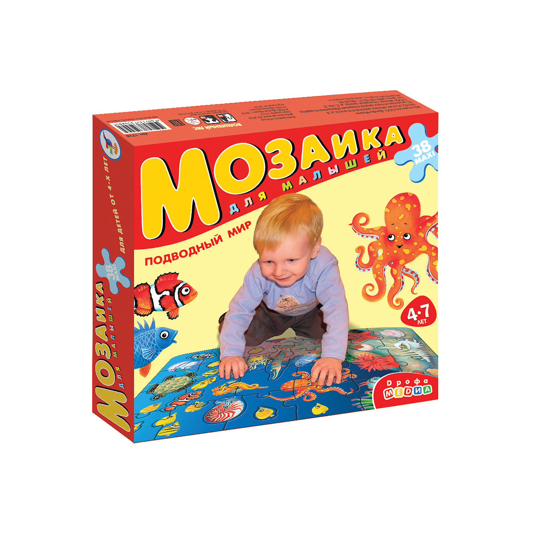 Мозаика для малышей Подводный мир, Дрофа-Медиа Мозаика для малышей Подводный мир, Дрофа-МедиаМозаика<br>Крупные и яркие детали мозаики Подводный мир от издательства Дрофа-Медиа (Drofa-media) привлекают внимание даже самых маленьких детей. <br><br>Картинку удобно собирать, сидя на полу: большие фрагменты рассчитаны на малышей и не потеряются. Игра развивает зрительное восприятие, мышление и мелкую моторику рук, учит подбирать подходящие по форме части рисунка и складывать целое изображение, знакомит с различными видами морских обитателей. <br>Набор состоит из 24 элементов разнообразной формы, соединяющиеся пазловыми замками. Среди кусочков мозаики встречаются и цельные фигурки морских животных.<br><br>Порадуйте Вашего малыша прекрасным подарком!<br><br>Дополнительная информация:<br><br>- В комплекте: 24 макси-детали<br>- Материал: плотный картон<br>- Размер собранного поля: 700 х 500 мм<br>- Размер упаковки: 265 х 50 х 275 мм<br>- Вес: 620 г.<br><br>Мозаику для малышей «Подводный мир», Дрофа-Медиа( Drofa-media) можно купить в интернет-магазине.<br><br>Ширина мм: 265<br>Глубина мм: 50<br>Высота мм: 275<br>Вес г: 620<br>Возраст от месяцев: 48<br>Возраст до месяцев: 84<br>Пол: Унисекс<br>Возраст: Детский<br>SKU: 2281434