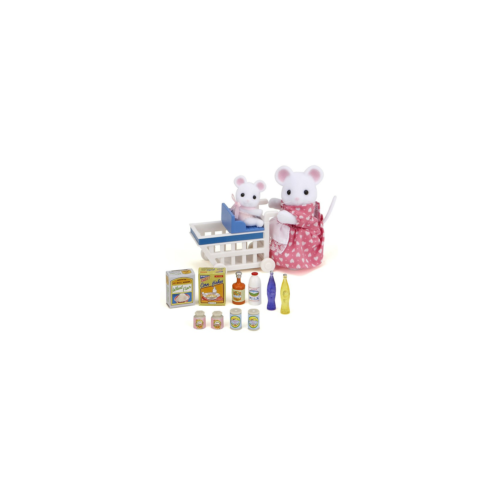 Набор Покупки в бакалее Sylvanian Families Набор Покупки в бакалее Sylvanian FamiliesSylvanian Families<br>Тележка с сиденьем для малыша и продукты от Sylvanian Families (Сильваниан Фэлимиес).<br><br>Мама-мышь и малыш отправились в магазин за покупками. Как хорошо, что на тележке есть специальное сиденье для малыша - так он сможет с интересом наблюдать за посетителями магазина и не мешать маме выбирать товары. Сегодня она решила купить бутылку молока, растительное масло и кетчуп, коробочки с кашей и детское питание. Дома мама-мышь приготовит самый вкусный ужин!<br><br>Дополнительная информация:<br><br>В комплекте:<br>- мама-мышь (9,5 см);<br>- мышонок (4 см);<br>- тележка (6,5 х 5 х 3 см);<br>- коробка кукурузных хлопьев, коробка с мукой, баночки с джемом и сиропом, бутылочки с водой и молоком.<br><br>Размер коробки: 17 х 7 х 17 см.<br><br>Этот набор обязательно порадует Вашего ребёнка, ведь теперь он сможет разыгрывать сценки из собственной жизни! Набор также способствует развитию фантазии и навыков общения.<br><br>Ширина мм: 168<br>Глубина мм: 157<br>Высота мм: 78<br>Вес г: 137<br>Возраст от месяцев: 36<br>Возраст до месяцев: 72<br>Пол: Женский<br>Возраст: Детский<br>SKU: 2328079