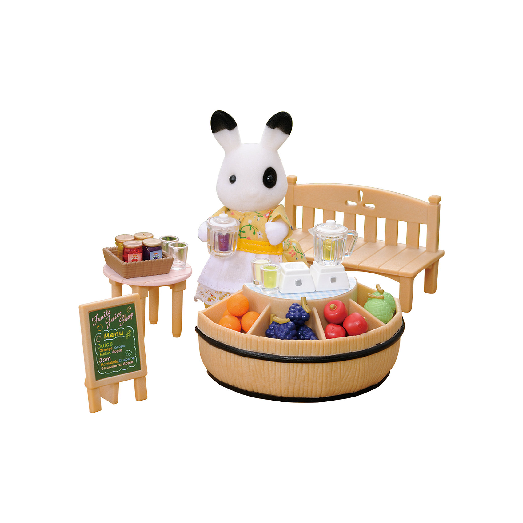 Набор Фреш-бар Sylvanian Families Набор Фреш-бар Sylvanian FamiliesSylvanian Families<br>Набор Фреш-бар от Sylvanian Families (Сильваниан Фэмилиес)<br><br>Что может быть вкуснее свежевыжатого сока летнем деньком? Тем более что для фреша используются свежие фрукты, выращенные жителями Сильвании. Милая крольчиха в цветном платье с радостью обслуживает покупателей. Любой желающий может купить стаканчик сока и присесть на лавочку. <br><br>В комплект входит удобный лоток с аппетитными фруктами, свежими овощами и сочными ягодами. Также для приготовления рецептов пригодятся баночки с сиропами и вареньем. Для рекламы напитков подойдёт афиша-меню. <br><br>Дополнительная информация:<br><br>В комплекте:<br>- лоток с фруктами, овощами и ягодами<br>- скамейка<br>- столик<br>- блендер<br>- посуда<br>- соковыжималка<br>- баночки с сиропами и вареньем<br>- афиша-меню<br>- крольчиха (8 см)<br><br>Материал: высококачественная пластмасса, текстиль, ПВХ с полимерным наполнением.<br><br>Размер коробки: 20 х 6 х 18 см.<br><br>Ширина мм: 206<br>Глубина мм: 169<br>Высота мм: 60<br>Вес г: 184<br>Возраст от месяцев: 36<br>Возраст до месяцев: 72<br>Пол: Женский<br>Возраст: Детский<br>SKU: 2328090