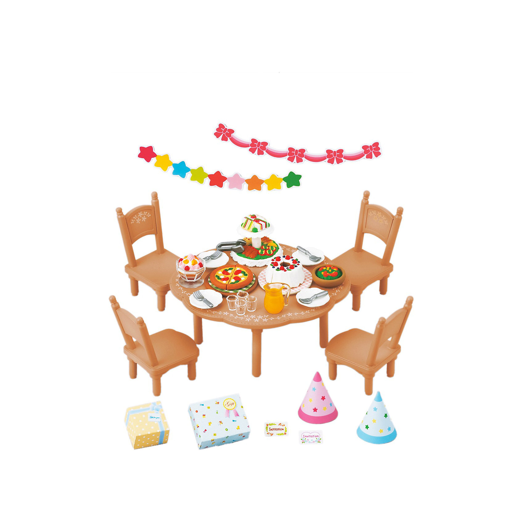 Набор Вечеринка Sylvanian Families Набор Вечеринка Sylvanian FamiliesSylvanian Families<br>Набор для вечеринки от Sylvanian Families (Сильваниан Фэмилиес). <br><br>Жители Сильвании с радостью празднуют дни рождения! Все малыши ждут этого праздника, ведь день рождения - это не только вкусный торт, но и весёлая вечеринка. Все гости обязательно приходят с подарками, комната, где происходит вечеринка, празднично украшена. За столом все сидят в весёлых колпачках и кушают вкусные пироги, которые готовит мама. На вечеринках в Сильвании так весело!<br><br>Дополнительная информация:<br><br>В комплекте: <br>- круглый стол и стулья<br>- украшения <br>- посуда <br>- угощения <br>- колпаки <br>- подарки<br><br>Персонажи в комплект не входят.<br>Размер коробки: 13 х 6 х 12 см.<br>Материал: высококачественная пластмасса, текстиль, пвх с полимерным напылением.<br><br>Ширина мм: 129<br>Глубина мм: 124<br>Высота мм: 66<br>Вес г: 146<br>Возраст от месяцев: 36<br>Возраст до месяцев: 72<br>Пол: Женский<br>Возраст: Детский<br>SKU: 2328096