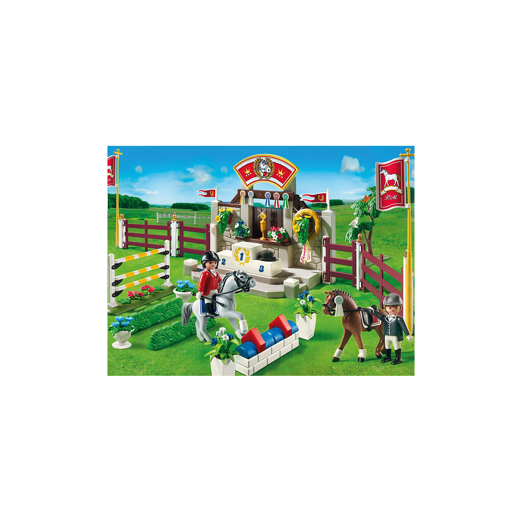 PLAYMOBIL 5224 Лошади: Манеж для выездки и конкура PLAYMOBIL 5224 Лошади: Манеж для выездки и конкураПластмассовые конструкторы<br>Манеж для выездки и конкура PLAYMOBIL 5224 — устройте турнир между 2 лошадками и наездниками на конкурном поле. Кто из них победит, кто перепрыгнет через все препятствия? Решайте сами. После соревнований можно провести церемонию награждения победителя состязания. Увлекательный игровой набор Плеймобил 5224 понравится любому ребенку. Изготовлен из очень удобных для сборки деталей, все в нем продуманно до мелочей, яркие цвета и огромное количество сюжетов, которые заинтересуют Вашего ребенка. <br>В наборе: 2 фигурки жокеев, 2 фигурки лошадей, детали забора, стена с подиумом, пьедестал чествования победителей, 2 флага с древками, 3 разных препятствия для лошадей, цветы в горшках, дерево.<br><br>Дополнительная информация <br><br>- комплект состоит из 186 деталей.<br>- материал: качественная пластмасса<br>- высота фигурок жокеев: 7,5 см. <br>- размеры упаковки (коробки): 390 х 300 х 70 мм.<br>- вес: 867 гр.<br><br>Манеж для выездки и конкура от PLAYMOBIL 5224 можно купить в нашем интернет-магазине.<br><br>Ширина мм: 401<br>Глубина мм: 299<br>Высота мм: 79<br>Вес г: 838<br>Возраст от месяцев: 60<br>Возраст до месяцев: 120<br>Пол: Женский<br>Возраст: Детский<br>SKU: 2382698
