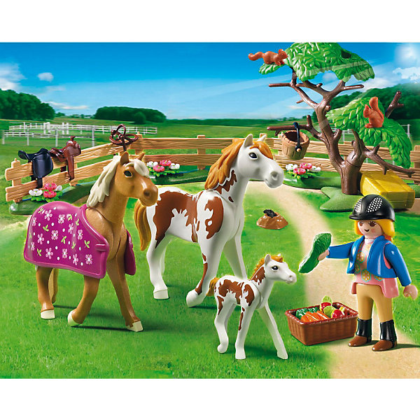 Лошади: Загон для лошадей, PLAYMOBIL Лошади: Загон для лошадей, PLAYMOBILПластмассовые конструкторы<br>PLAYMOBIL 5227: Для прогулки всей лошадиной семьи лошадок и их маленького жеребенка фермеры построили загон. Теперь можно без опаски оставить малыша одного. Наездница приносит лошадкам овощи и фрукты. Также в наборе Плеймобил 5227 есть все необходимое для ухода за животными, и раскидистое дерево для создания пейзажа. В наборе три фигурки лошадок, фермер, элементы забора, корзинка с овощами, дерево и другие детали. Всего в наборе 50 деталей. Фигурка человека может нагибаться, двигать руки и голову. <br>В комплект входит: две лошадки, одна пони, одна фигурка человека, дерево, две белочки, норка с кротом, сено, овощи и фрукты для еды лошадкам.<br><br>Состав:<br><br>Люди:<br>Женщина<br><br>Зверушки:<br>Лошадь пегая, жеребенок пегий, конь, 2 белки.<br><br>Аксессуары:<br><br>Дерево, попона, 3 элемента забора, кадушка, корзина, брикет с сеном, морковь, пучок травы, яблоки.<br> <br>Дополнительная информация:<br><br>- комплект состоит из 50 деталей.<br>- материал: высококачественная пластмасса. <br>- размер фигурки человека: 7,5 см. (высота)<br>- размеры коробки: 25х20х7,5 см.<br>- вес 0,324 кг.<br><br>Загон для лошадей от PLAYMOBIL можно купить в нашем интернет-магазине.<br><br>Ширина мм: 255<br>Глубина мм: 200<br>Высота мм: 81<br>Вес г: 321<br>Возраст от месяцев: 60<br>Возраст до месяцев: 120<br>Пол: Женский<br>Возраст: Детский<br>SKU: 2382701