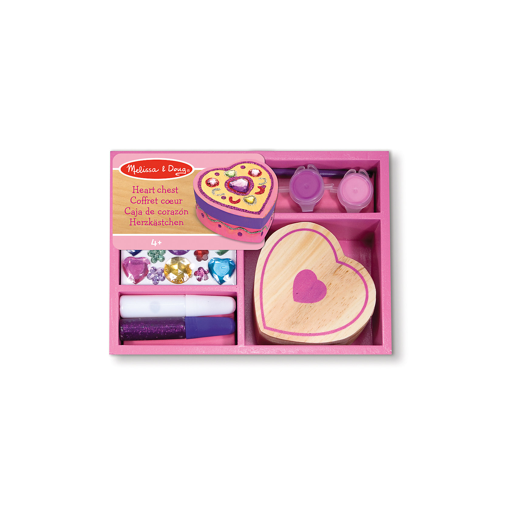 Набор Шкатулка-сердце, Melissa & Doug Набор Шкатулка-сердце, Melissa & DougРукоделие<br>Набор Шкатулка-сердце, Melissa & Doug (Мелисса и Даг) – это замечательный набор серии «творчество», укомплектованный в деревянный розовый ящик. С помощью набора Ваша девочка самостоятельно смастерит милую шкатулку, в которой сможет хранить свои сокровища и украшения. Набор Шкатулка-сердце способствует развитию творческого мышления, художественных навыков и чувства вкуса.<br><br>Комплектация: шкатулка в форме сердца, клей, блестки, краски и кисточка, разноцветные прозрачные камушки<br><br>Дополнительная информация:<br>-Размер шкатулки: 8х8 см<br>-Материал: дерево, пластик<br>-Размер упаковки: 19x15x5 см<br><br>Благодаря такому набору Ваша маленькая рукодельница сможет своими руками создать уникальную шкатулку для хранения своих украшений. <br><br>Набор Шкатулка-сердце, Melissa & Doug (Мелисса и Даг) можно купить в нашем магазине.<br><br>Ширина мм: 50<br>Глубина мм: 130<br>Высота мм: 180<br>Вес г: 410<br>Возраст от месяцев: 48<br>Возраст до месяцев: 72<br>Пол: Женский<br>Возраст: Детский<br>SKU: 2401065