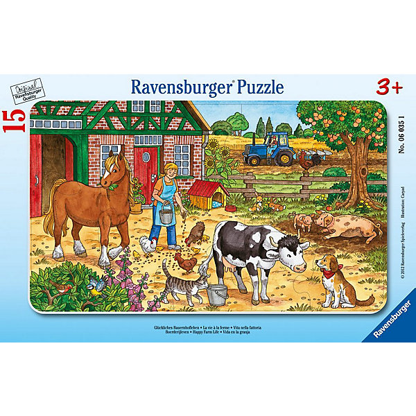 Пазл Жизнь на ферме, 15 деталей, Ravensburger Пазл Жизнь на ферме, 15 деталей, RavensburgerПазлы для малышей<br>Пазл Жизнь на ферме, 15 деталей, Ravensburger (Равенсбургер) – это отличная развивающая игра-головоломка для детей.<br>Красочный пазл Жизнь на ферме от немецкого производителя Ravensburger (Равенсбургер) состоит из 15 крупных деталей, изготовленных из качественного экологичного материала. На картинке изображен солнечный день на ферме, где заботливая хозяйка вышла во двор, чтобы покормить животных и птиц. Разглядывая картинку, ребенок познакомиться с животными, которых можно встретить на ферме: с лошадкой, коровой, курами, цыплятами, свиньями, а также такими любимцами, как кошка и собака (они являются надежными помощниками фермера). Процесс сборки пазла не только увлечет ребенка, но поможет развить мелкую моторику рук, наблюдательность, логическое мышление, усидчивость, терпение, аккуратность, внимание и познакомит с окружающим миром. Пазлы Ravensburger (Равенсбургер) - это высочайшее качество картона и полиграфии. Детали пазла не ломаются, не подвергаются деформации при сборке. Элементы пазла идеально соединяются друг с другом, не отслаиваются с течением времени. Матовая поверхность исключает отблески.<br><br>Дополнительная информация:<br><br>- Количество деталей: 15<br>- Размер готовой картинки: 25х14,5 см.<br>- Материал: прочный, качественный картон<br>- Размер упаковки: 29,5х19х1 см.<br><br>Пазл Жизнь на ферме, 15 деталей, Ravensburger (Равенсбургер) можно купить в нашем интернет-магазине.<br><br>Ширина мм: 297<br>Глубина мм: 187<br>Высота мм: 5<br>Вес г: 152<br>Возраст от месяцев: 36<br>Возраст до месяцев: 60<br>Пол: Унисекс<br>Возраст: Детский<br>Количество деталей: 15<br>SKU: 2414711