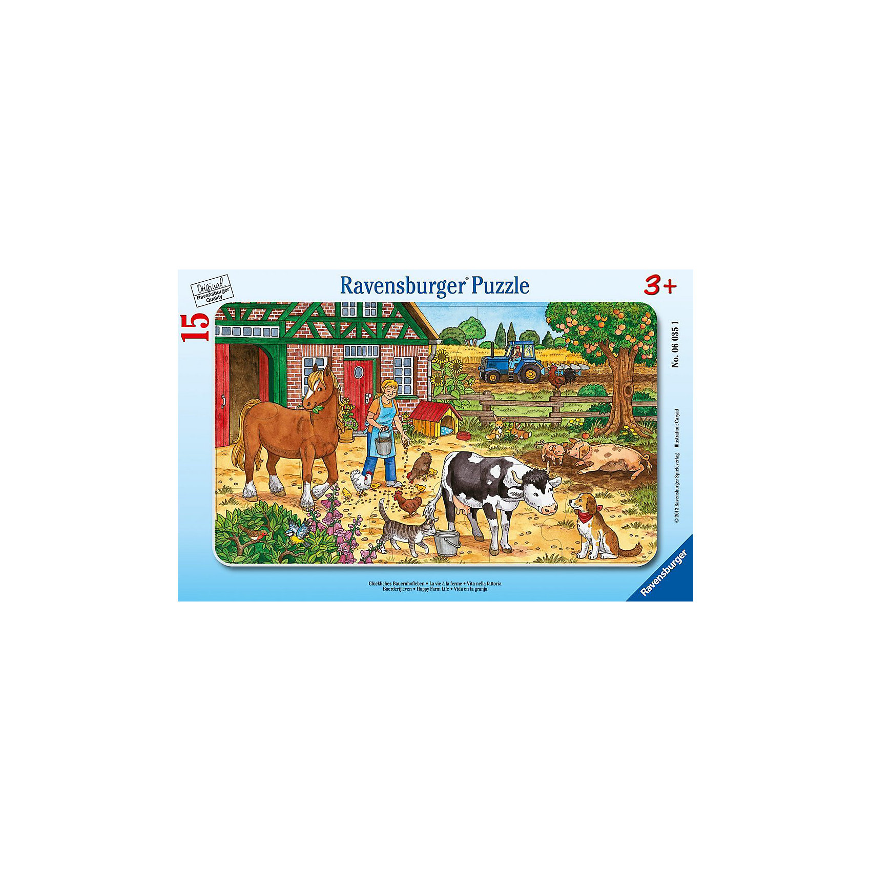 Пазл Жизнь на ферме, 15 деталей, Ravensburger Пазл Жизнь на ферме, 15 деталей, RavensburgerПазлы для малышей<br>Пазл Жизнь на ферме, 15 деталей, Ravensburger (Равенсбургер) – это отличная развивающая игра-головоломка для детей.<br>Красочный пазл Жизнь на ферме от немецкого производителя Ravensburger (Равенсбургер) состоит из 15 крупных деталей, изготовленных из качественного экологичного материала. На картинке изображен солнечный день на ферме, где заботливая хозяйка вышла во двор, чтобы покормить животных и птиц. Разглядывая картинку, ребенок познакомиться с животными, которых можно встретить на ферме: с лошадкой, коровой, курами, цыплятами, свиньями, а также такими любимцами, как кошка и собака (они являются надежными помощниками фермера). Процесс сборки пазла не только увлечет ребенка, но поможет развить мелкую моторику рук, наблюдательность, логическое мышление, усидчивость, терпение, аккуратность, внимание и познакомит с окружающим миром. Пазлы Ravensburger (Равенсбургер) - это высочайшее качество картона и полиграфии. Детали пазла не ломаются, не подвергаются деформации при сборке. Элементы пазла идеально соединяются друг с другом, не отслаиваются с течением времени. Матовая поверхность исключает отблески.<br><br>Дополнительная информация:<br><br>- Количество деталей: 15<br>- Размер готовой картинки: 25х14,5 см.<br>- Материал: прочный, качественный картон<br>- Размер упаковки: 29,5х19х1 см.<br><br>Пазл Жизнь на ферме, 15 деталей, Ravensburger (Равенсбургер) можно купить в нашем интернет-магазине.<br><br>Ширина мм: 298<br>Глубина мм: 187<br>Высота мм: 8<br>Вес г: 153<br>Возраст от месяцев: 36<br>Возраст до месяцев: 60<br>Пол: Унисекс<br>Возраст: Детский<br>Количество деталей: 15<br>SKU: 2414711