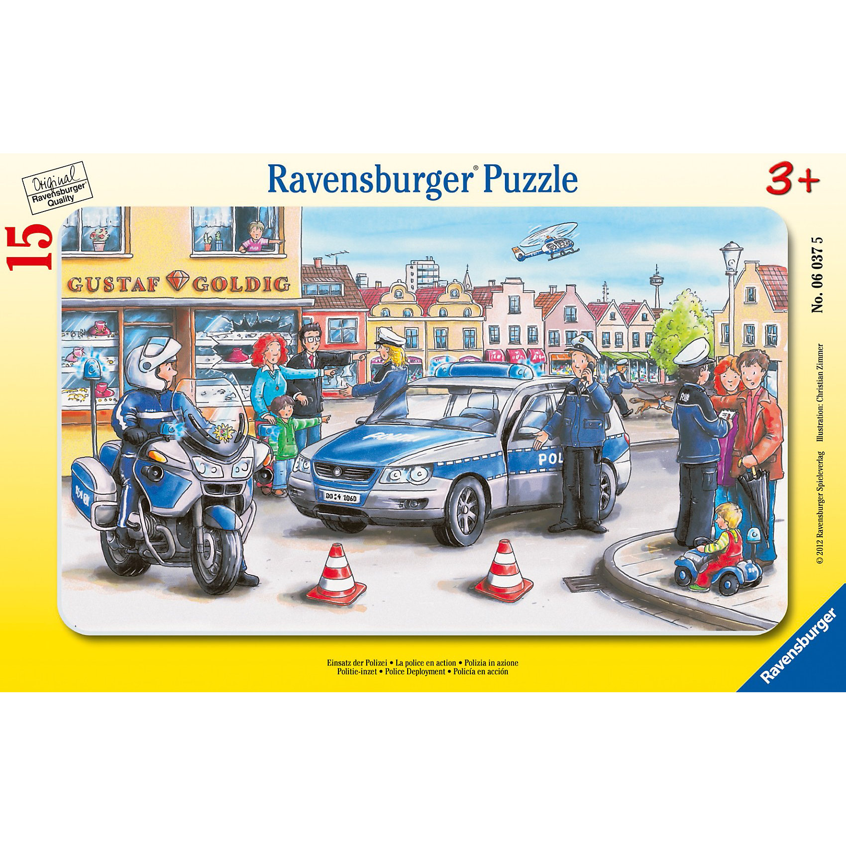 Пазл Полицейские Ravensburger, 15 деталей Пазл Полицейские Ravensburger, 15 деталейСобирать пазл «Полицейские» от Ravensburger (Равенсбургер) - это увлекательное занятие для ребенка. В городе произошло правонарушение! Жители стараются помочь отважным стражам порядка выяснить, кто преступник. Следи за развитием истории, собирая пазл! На картинке много забавных персонажей, поэтому ее так интересно рассматривать. Картинка получается настолько яркой и привлекательной, что ее можно использовать, как украшение комнаты, стоит только наклеить пазл на картон. Вас порадует, что плотный картон, из которого состоит пазл не мнется во время сборки, яркая картинка защищена от расслаивания, благодаря чему такой пазл способен служить долгое время. Пазл Полицейские от Ravensburger (Равенсбургер) - это полезное и увлекательное занятие для всей семьи!<br> <br>Дополнительная информация:<br><br>- Чудесный пазл для начинающих;<br>- Крупные детали;<br>- Развивает моторику и внимание;<br>- Интересный сюжет;<br>- Очень качественные элементы не расслаиваются;<br>- Материал: картон;<br>- Размер пазла в собранном виде: 25 х 14,5 см;<br>- Размер упаковки: 19 х 29,5 х 4 см;<br>- Вес: 148 г<br><br>Пазл Полицейские 15 деталей, Ravensburger (Равенсбургер) можно купить в нашем интернет-магазине.<br><br>Ширина мм: 298<br>Глубина мм: 192<br>Высота мм: 7<br>Вес г: 160<br>Возраст от месяцев: 36<br>Возраст до месяцев: 60<br>Пол: Мужской<br>Возраст: Детский<br>Количество деталей: 16<br>SKU: 2414712