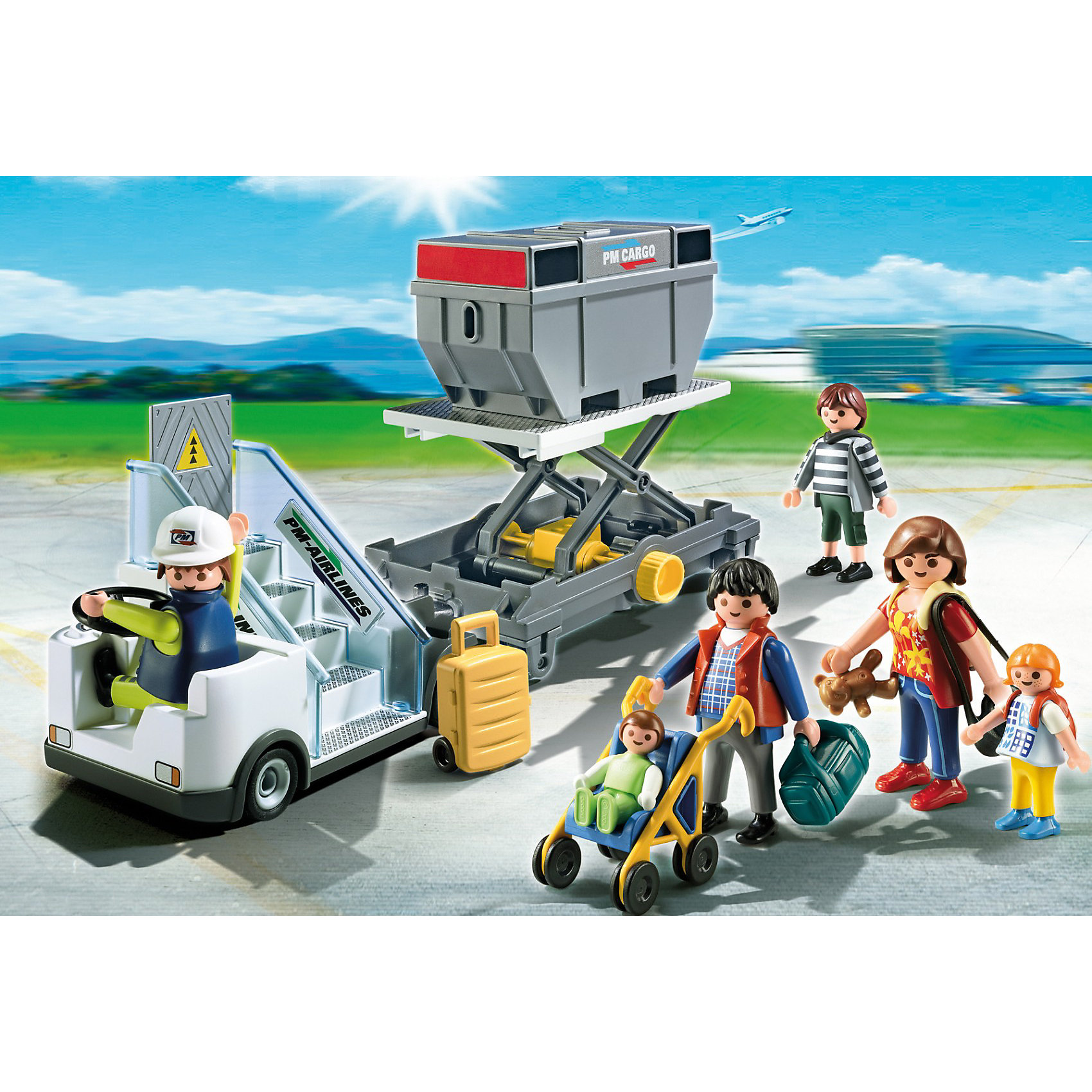 PLAYMOBIL 5262 Самолет: Авиапогрузчик с грузом и пассажиры PLAYMOBIL 5262 Самолет: Авиапогрузчик с грузом и пассажирыИзвестный бренд Playmobil (Плеймобил) дарит своим друзьям игровой набор с элементами конструктора Авиапогрузчик с грузом и пассажиры <br>Для погрузки багажа необходим специальный погрузчик, а пассажирский специальный трап все это можно найти в наборе конструктора от Playmobil.<br><br>В наборе:<br>- пассажирский трап, <br>- авиапогрузчик, <br>- грузовой контейнер, <br>- фигурка пассажира - 6 шт., <br>- коляска, багаж - 3 шт.<br><br>Игрушки от немецкого бренда Playmobil отличаются высоким качеством и надежностью. <br>Замечательное качество игрушек Playmobil — возможность совмещать наборы друг с другом, раздвигая границы игры до бесконечности. <br>Придумывайте и создавайте свои истории вместе с игрушками бренда Playmobil!<br><br>Ширина мм: 304<br>Глубина мм: 203<br>Высота мм: 101<br>Вес г: 477<br>Возраст от месяцев: 48<br>Возраст до месяцев: 120<br>Пол: Мужской<br>Возраст: Детский<br>SKU: 2435611