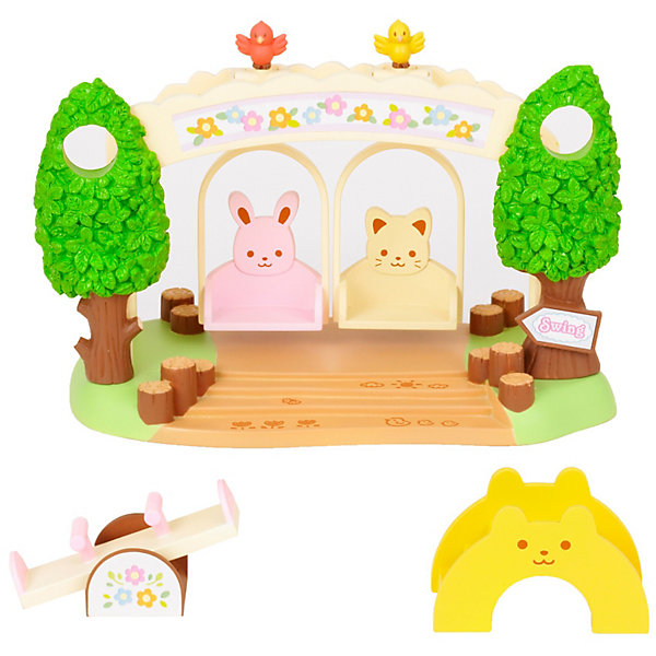 Набор Детская площадка с качелями Sylvanian Families Набор Детская площадка с качелями Sylvanian FamiliesSylvanian Families<br>Набор Детская площадка с качелями от Sylvanian Families (Сильваниан Фалимиес) представляет собой детский игровой комплекс: большая арка с лесенкой и 2-мя подвесными качелями. Спинка у одних качелей в форме розового зайчика, а у других в форме коричневого котика. По бокам лестницы из 3-х ступенек стоят высокие деревья с отверстиями, в которые смогут заглядывать зверушки. Ступеньки украшены пеньками. На арке сидят 2 птички: красная и желтая.<br>Так же на площадке есть горизонтальные качели и небольшая двусторонняя лесенка жёлтого цвета с мордочкой медвежонка. Позабавиться на такой прекрасной площадке могут все животные Sylvanian Families.<br>В набор входят: <br>- игровая зона с большими качелями<br>- лесенка <br>- маленькие качели. <br>Фигурки в комплект не входят.<br>Размеры коробки: 20 х 11 х 12,5 см<br><br>Ширина мм: 122<br>Глубина мм: 205<br>Высота мм: 134<br>Вес г: 271<br>Возраст от месяцев: 36<br>Возраст до месяцев: 72<br>Пол: Женский<br>Возраст: Детский<br>SKU: 2458887