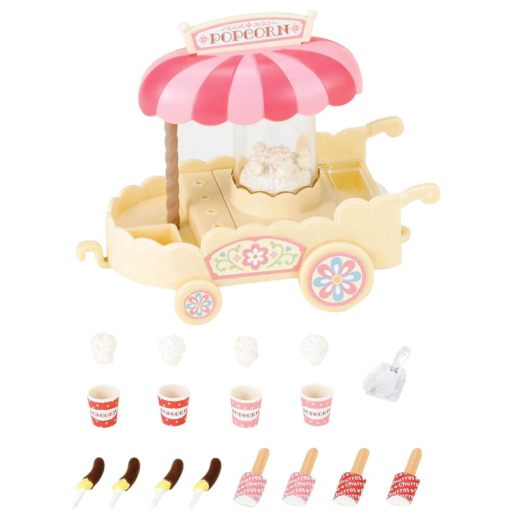 Набор Тележка с попкорном Sylvanian Families Набор Тележка с попкорном Sylvanian FamiliesТележка с попкорном от Sylvanian Families (Сильваниан Фэмилиес).<br><br>Каждое воскресенье семьи в Сильвании совместно гуляют в парках. Пока родители общаются, детишки ищут тележку со сладостями, где продаются попкорн и разнообразные сладости. Родители не могут отказать любимым детишкам, поэтому прогулка обязательно заканчивается покупкой вкусных сладостей. <br><br>В центре тележки прозрачный купол с попкорном, который начинает прыгать во время движения тележки. На прилавок тележки помещаются сладости: попкорн, бананы в шоколаде, палочки с мороженым-эскимо. Тележка подходит к набору Фургон с мороженым. <br><br>Дополнительная информация:<br><br>В комплекте:<br>- тележка (12х10 см)<br>- крюк для тележки<br>- табличка для зонта<br>- 4 горстки попкорна<br>- 4 стаканчика для попкорна<br>- 4 банана в шоколаде<br>- 4 эскимо<br>- лопатка для попкорна<br>- наклейки<br><br>Материал: пластмасса, бумага.<br><br>Ширина мм: 154<br>Глубина мм: 126<br>Высота мм: 78<br>Вес г: 143<br>Возраст от месяцев: 36<br>Возраст до месяцев: 72<br>Пол: Женский<br>Возраст: Детский<br>SKU: 2458892