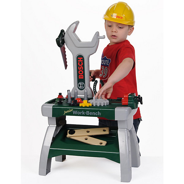 Верстак с инструментами Bosch Junior, Klein Верстак с инструментами Bosch Junior, KleinНаборы инструментов<br>Такой набор инструментов выглядит очень реалистично, ну совсем как у настоящего профессионала. Здесь есть и пила, и молоток, и клещи, и плоскогубцы, и отвертка, планки с отверстиями для болтов, а также сами болты, гайки, дюбеля и шестеренки.<br>Ну и, конечно, настоящему мастеру обязательно нужна защитная каска, которая тоже входит в набор.<br><br>Дополнительная информация: <br><br>- Возраст: от 3 лет.<br>- Материал: пластик.<br>- В наборе: столик, набор инструментов, аксессуары.<br>- Высота верстака: 71 см.<br>- Размер упаковки: 54х48х15 см.<br><br>Купить верстак с инструментами Bosch Junior от Klein, можно в нашем магазине.<br><br>Ширина мм: 544<br>Глубина мм: 479<br>Высота мм: 153<br>Вес г: 2148<br>Возраст от месяцев: 36<br>Возраст до месяцев: 96<br>Пол: Мужской<br>Возраст: Детский<br>SKU: 2467411