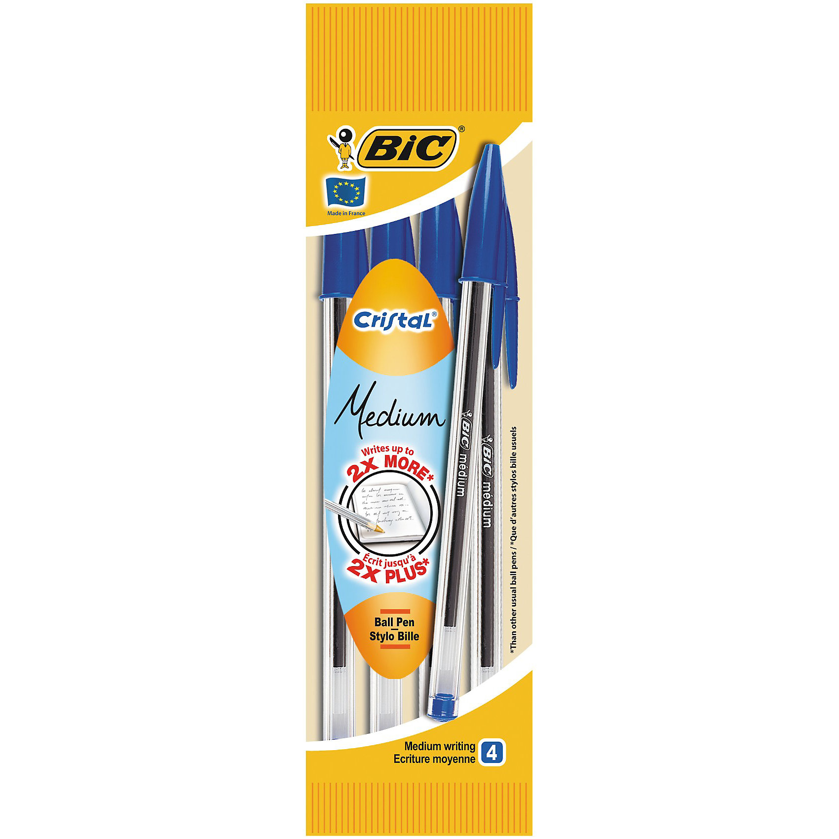 BIC Ручка Кристал синяя 4 шт. в упаковке BIC Ручка Кристал синяя 4 шт. в упаковкеПисьменные принадлежности<br>Одноразовая шариковая ручка. Легкая и долго прослужит. Цвет - синий. Шестигранный прозрачный корпус позволяет видеть уровень чернил. Средняя линия письма. Длина письма - более 2 км. Цвет колпачка и верхней заглушки соответсвует цвету чернил.<br><br>Ширина мм: 10<br>Глубина мм: 50<br>Высота мм: 205<br>Вес г: 21<br>Возраст от месяцев: 36<br>Возраст до месяцев: 1188<br>Пол: Унисекс<br>Возраст: Детский<br>SKU: 2493055