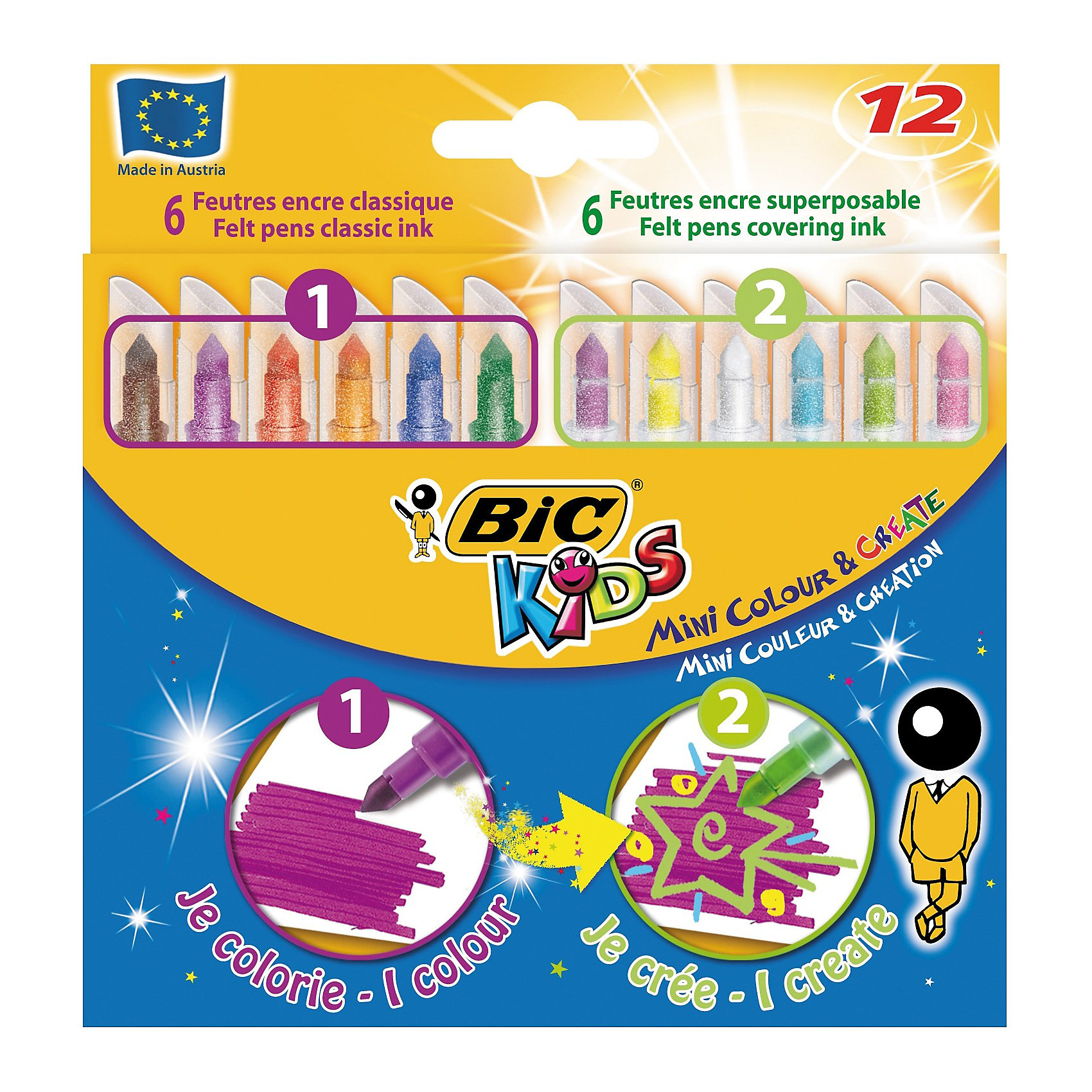 BIC Цветные фломастеры Мини Рисуй и Твори, 6+6 цветов BIC Цветные фломастеры Мини Рисуй и Твори, 6+6 цветовПисьменные принадлежности<br>Миниатюрные цветные фломастеры. В набор входят 6 фломастеров классических цветов и 6 фломастеров со специальными чернилами для создания креативныхцветов. Конический блокированный пишущий узел. Чернила смываются с большинства тканей. Вентилируемый колпачок.<br><br>Ширина мм: 10<br>Глубина мм: 122<br>Высота мм: 127<br>Вес г: 84<br>Возраст от месяцев: 36<br>Возраст до месяцев: 1188<br>Пол: Унисекс<br>Возраст: Детский<br>SKU: 2493063